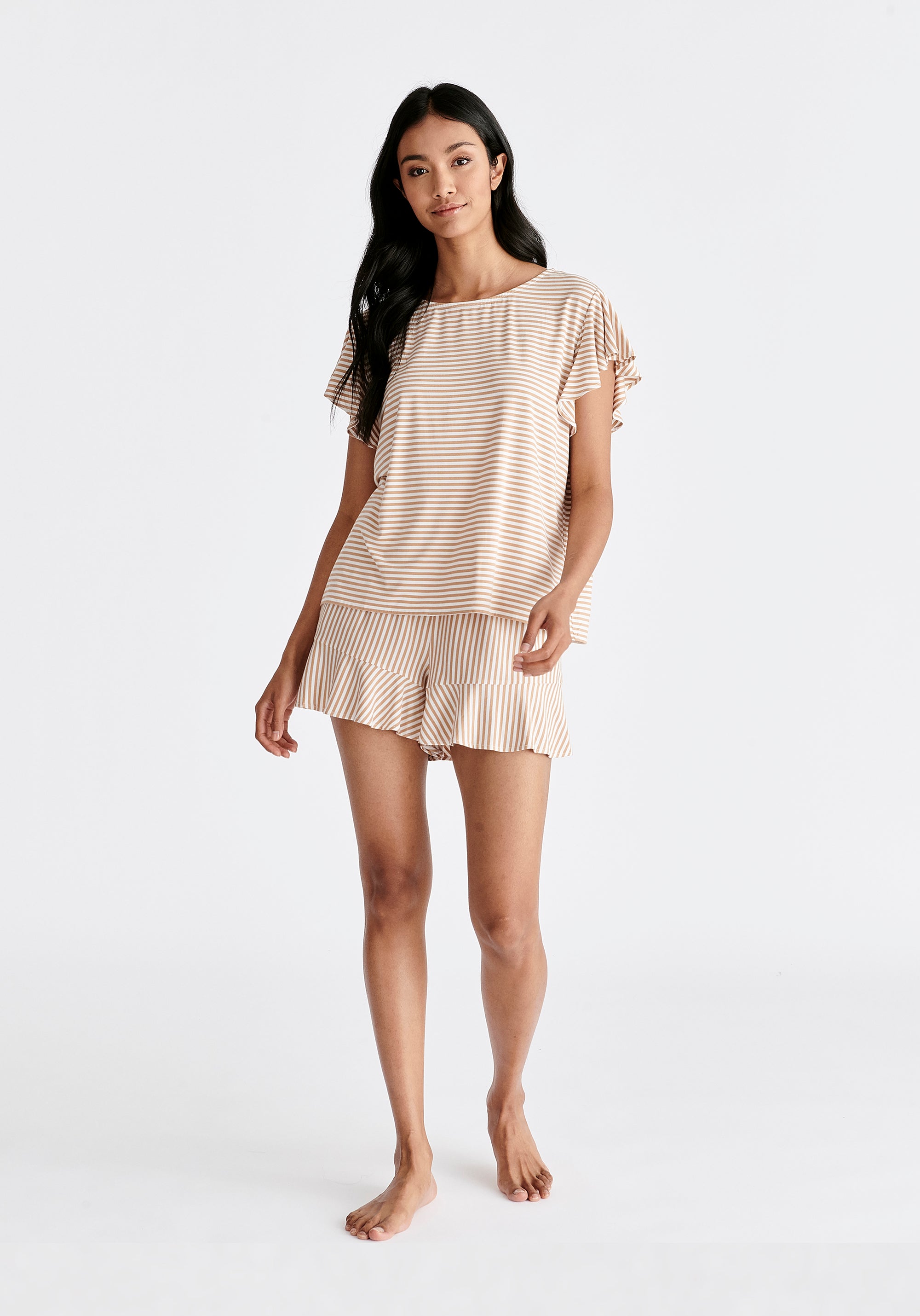 Frill Pyjama T-Shirt and Shorts in Mustard Yellow and White