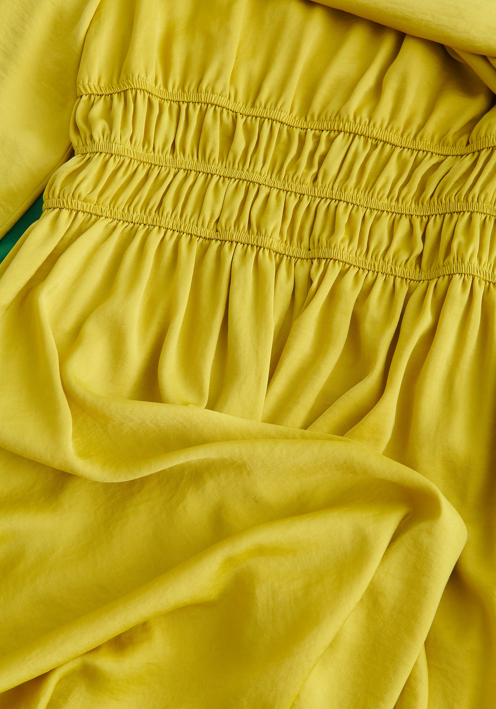 Paisie Ruched Waist Midi Dress in Mustard Yellow Fabric