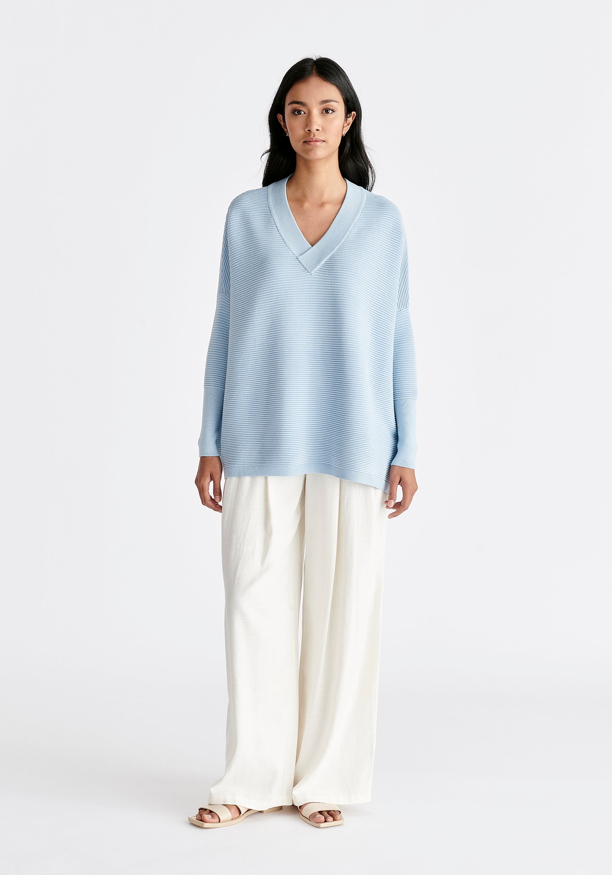 Paisie V-Neck Ribbed Jumper in Sky Blue