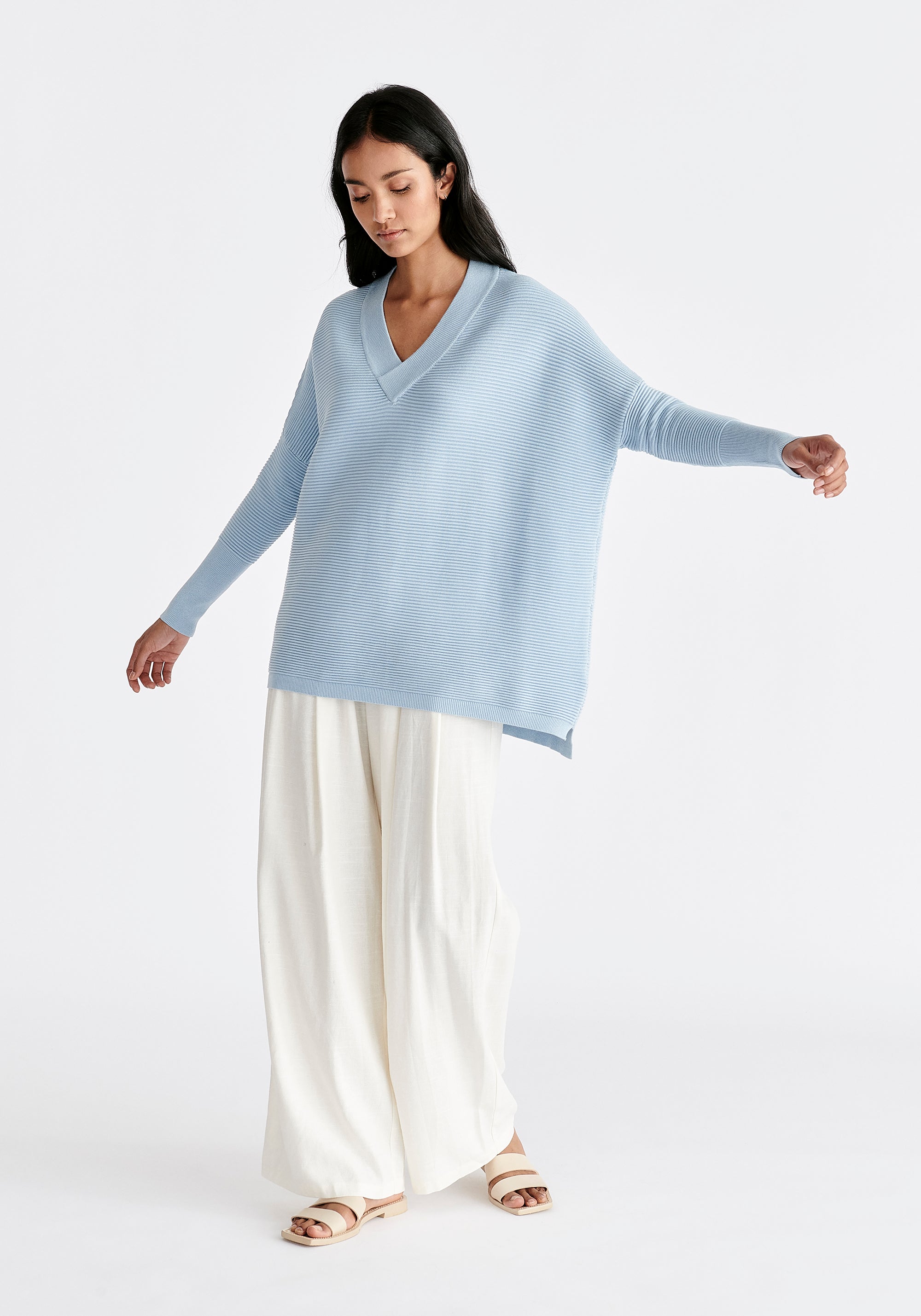 Paisie V-Neck Ribbed Jumper in Sky Blue