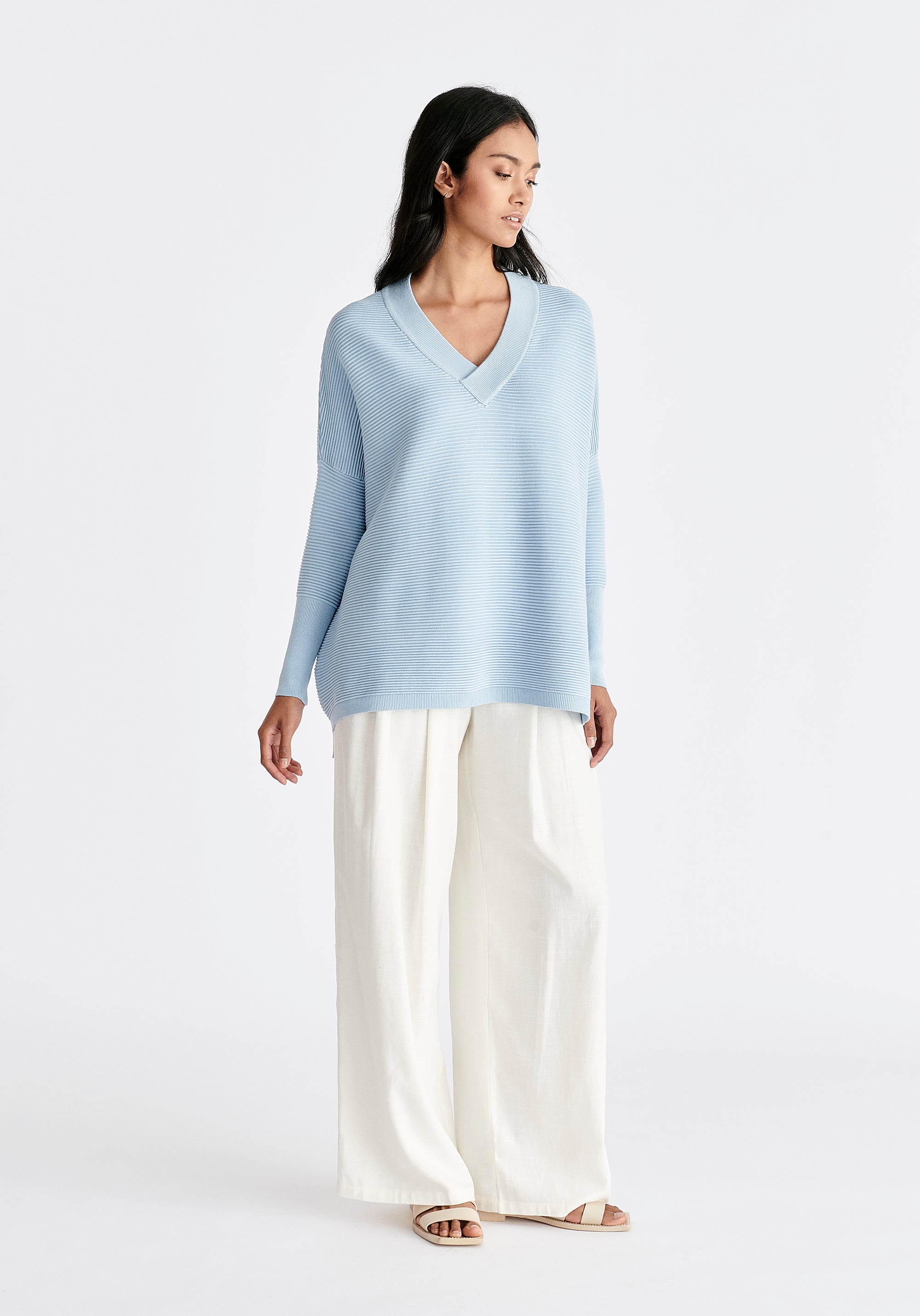 Paisie V-Neck Ribbed Jumper in Sky Blue