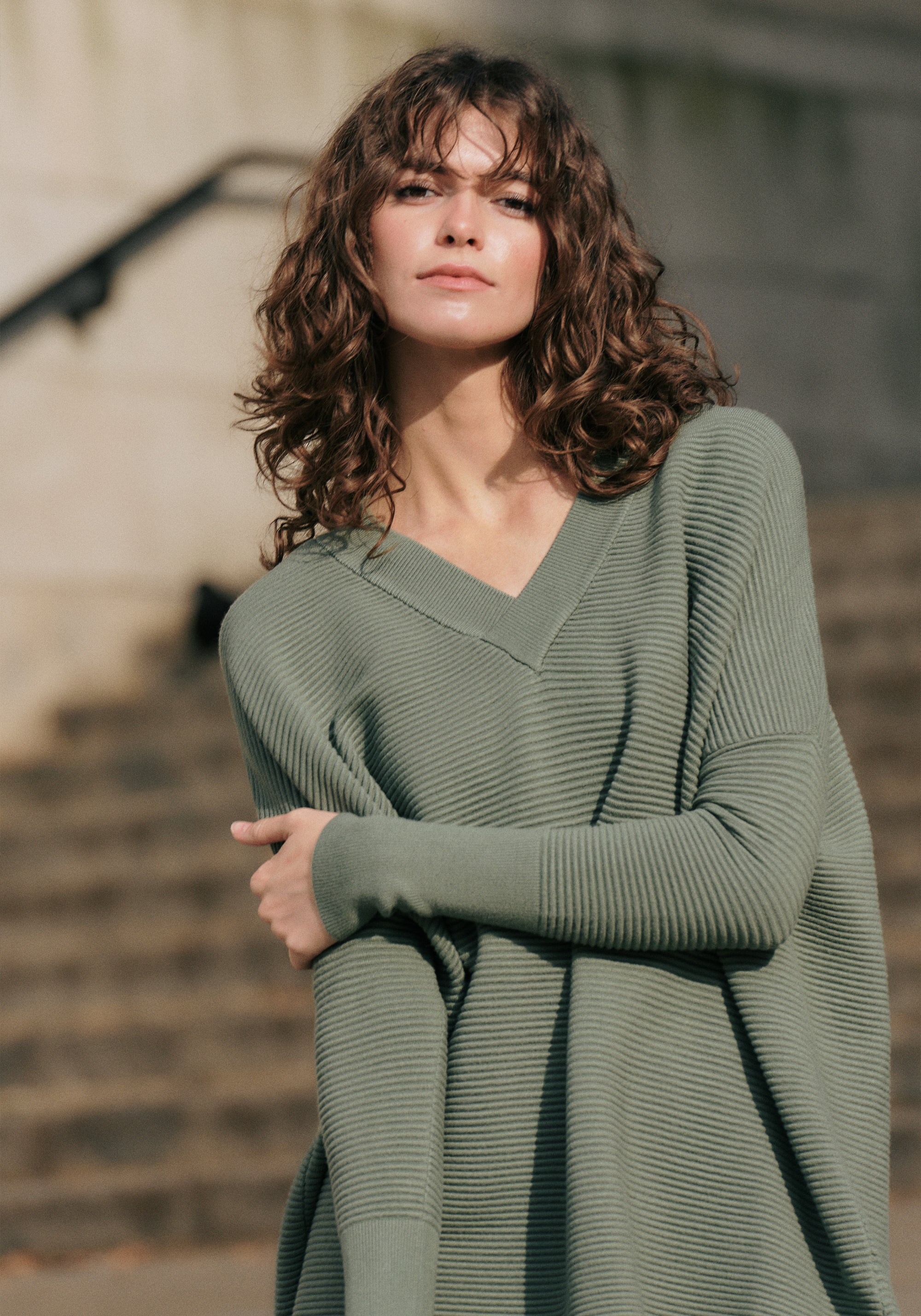 Paisie V-Neck Ribbed Jumper in Sage Green