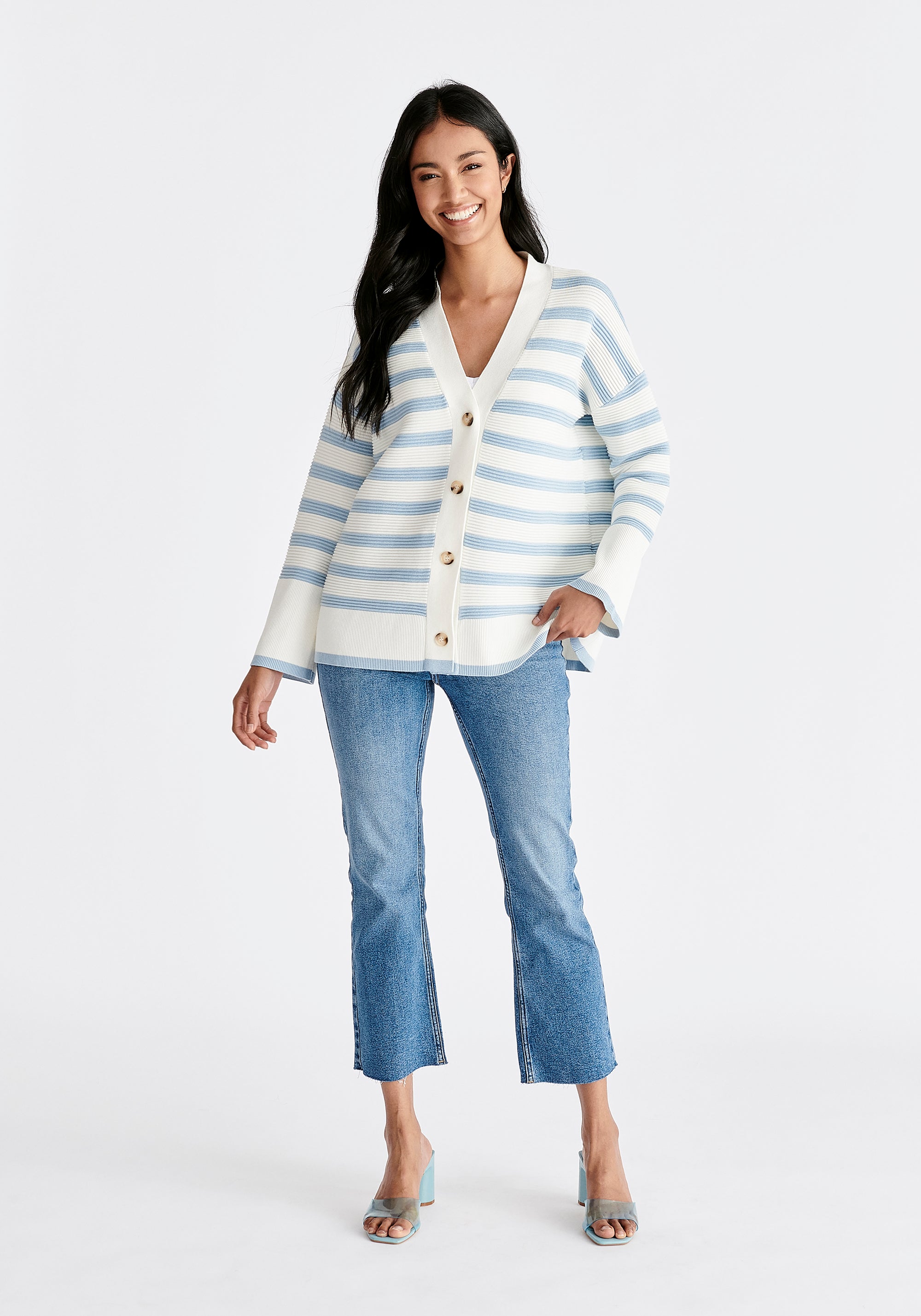 Paisie Striped Ribbed Cardigan in White and Blue