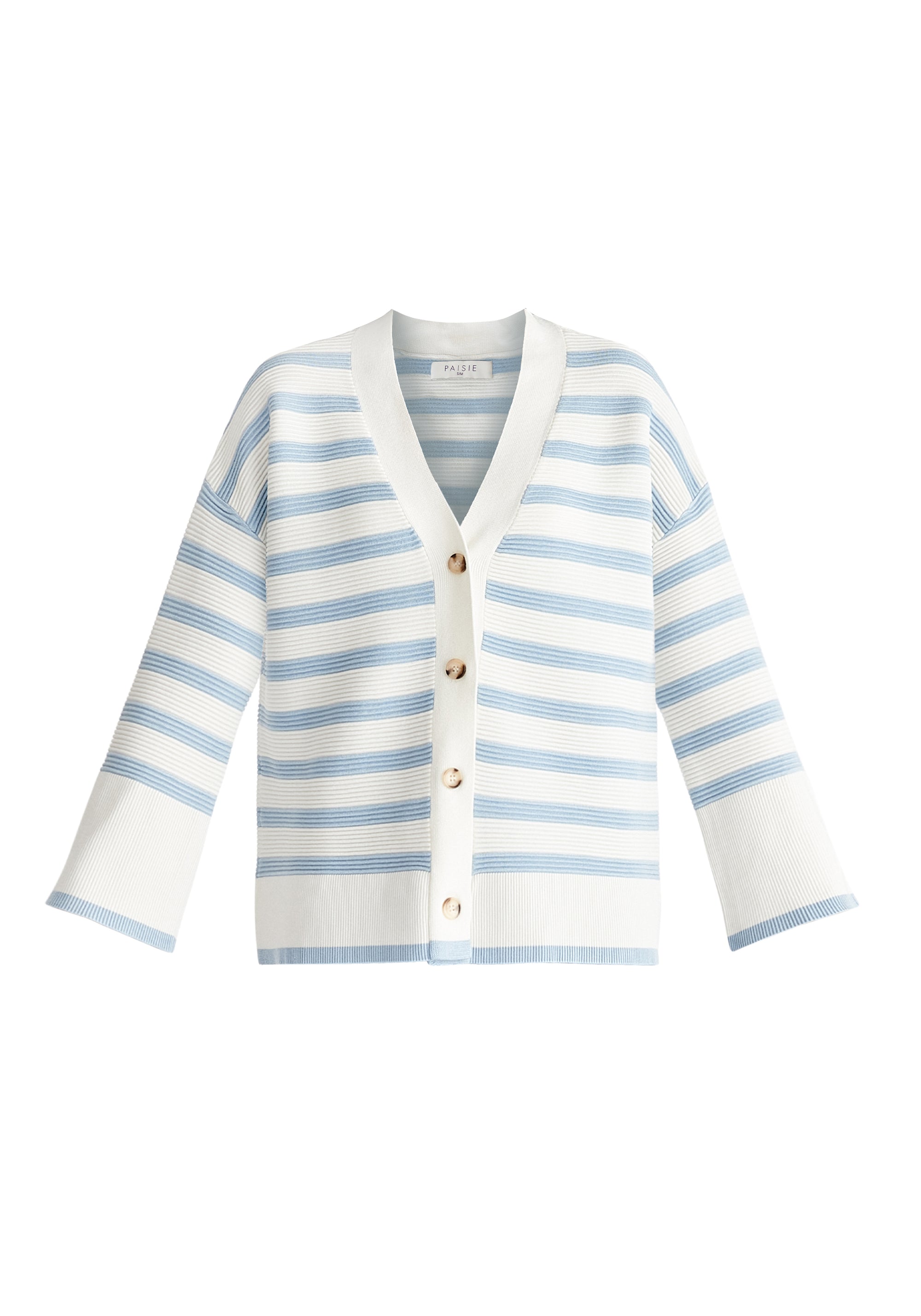 Paisie Striped Ribbed Cardigan in White and Blue Cut Out