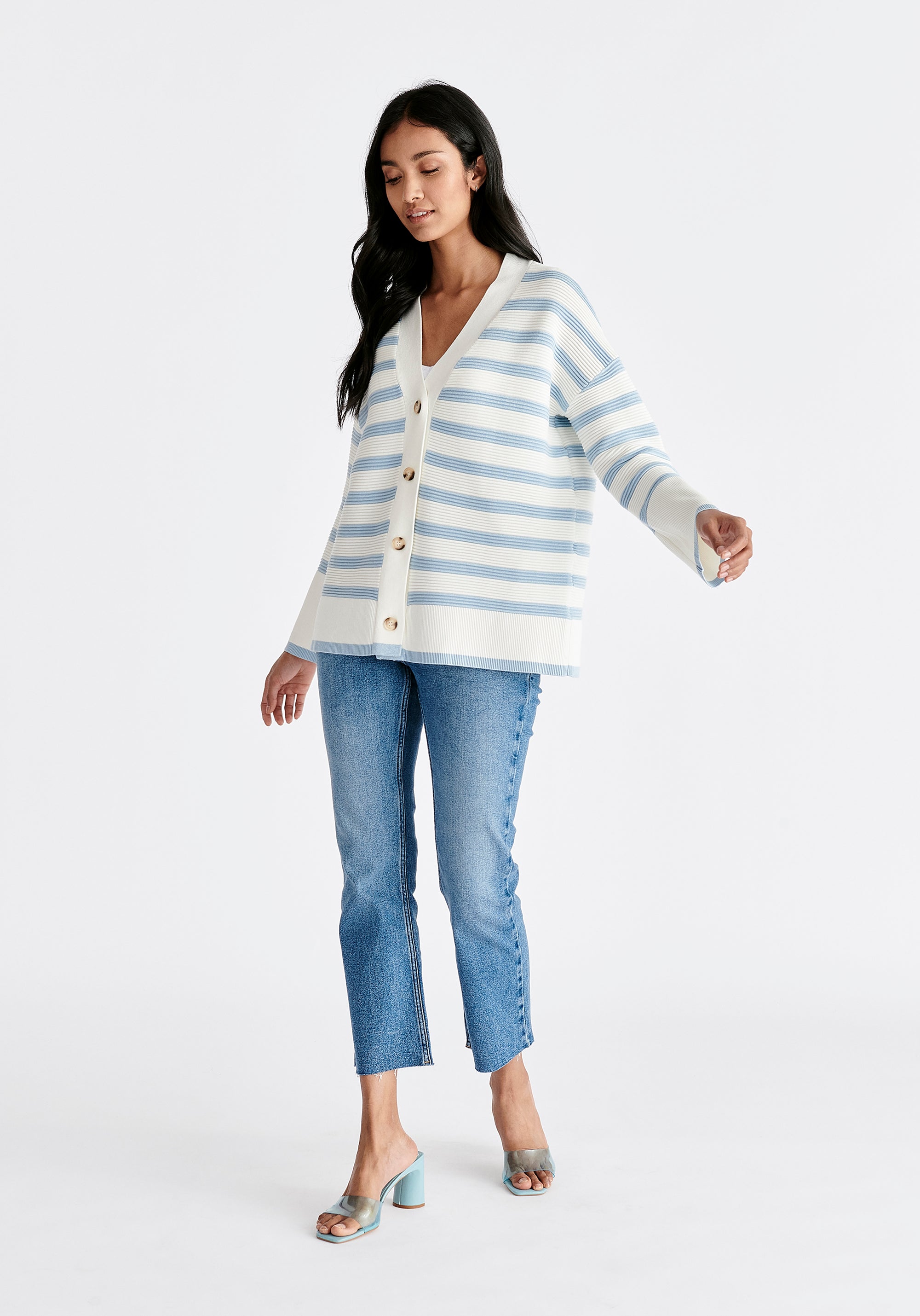 Paisie Striped Ribbed Cardigan in White and Blue