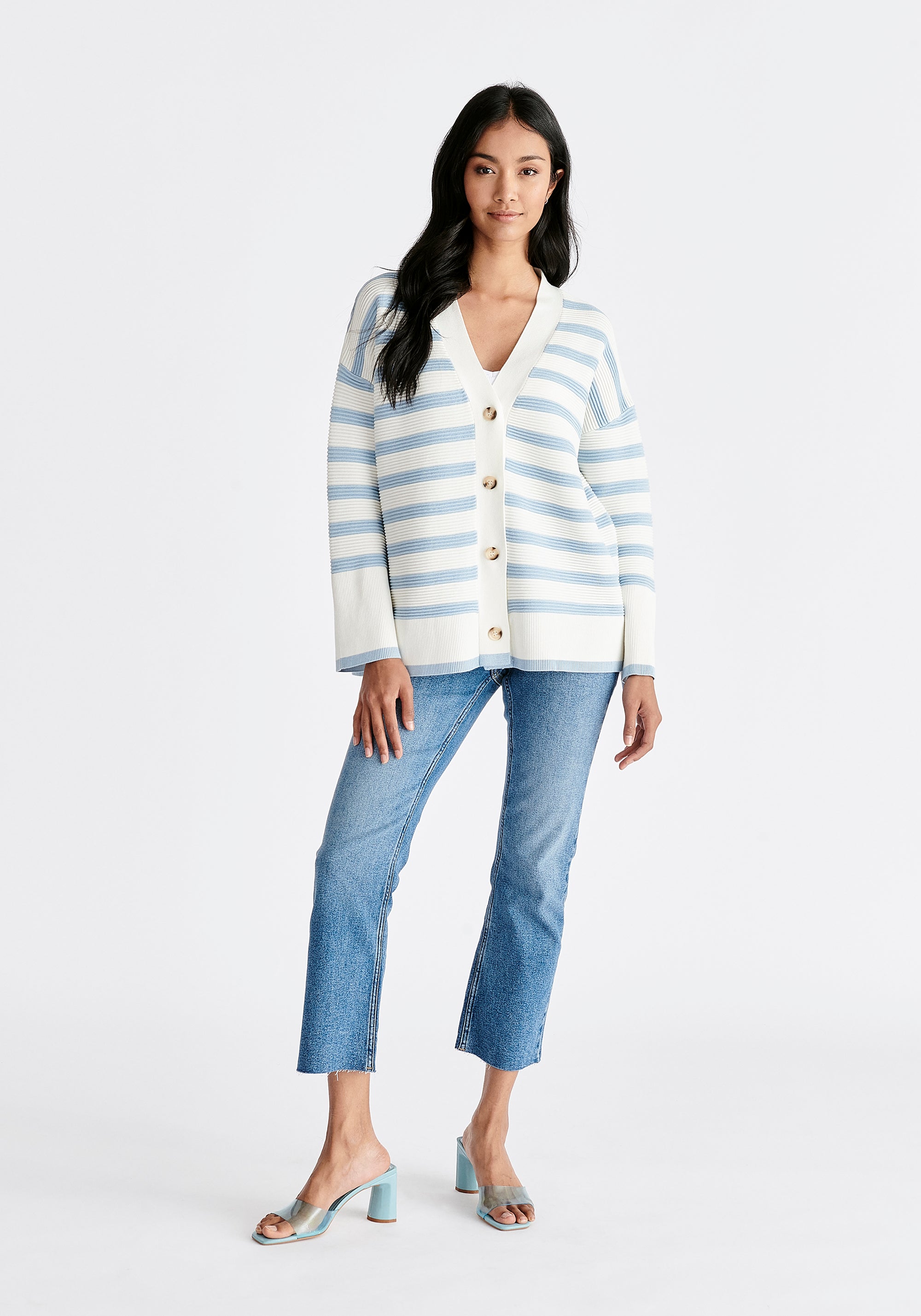 Paisie Striped Ribbed Cardigan in White and Blue