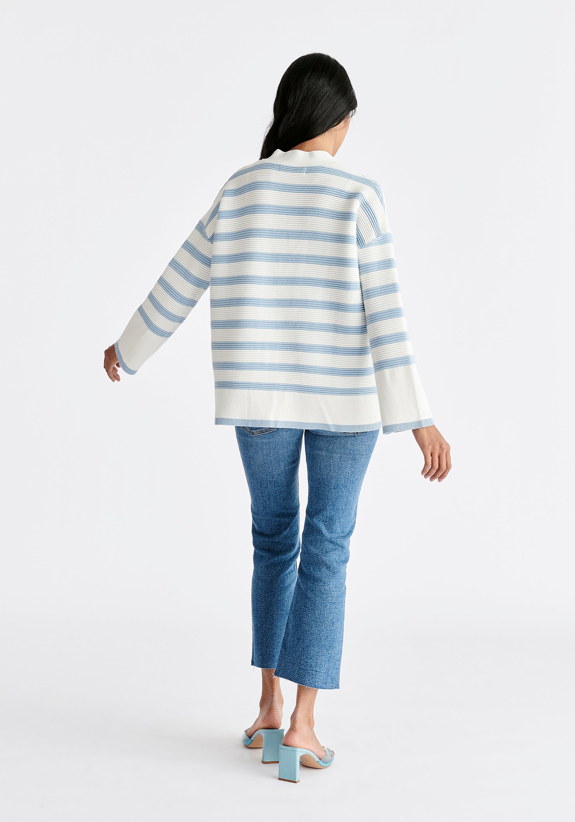 Paisie Striped Ribbed Cardigan in White and Blue Back