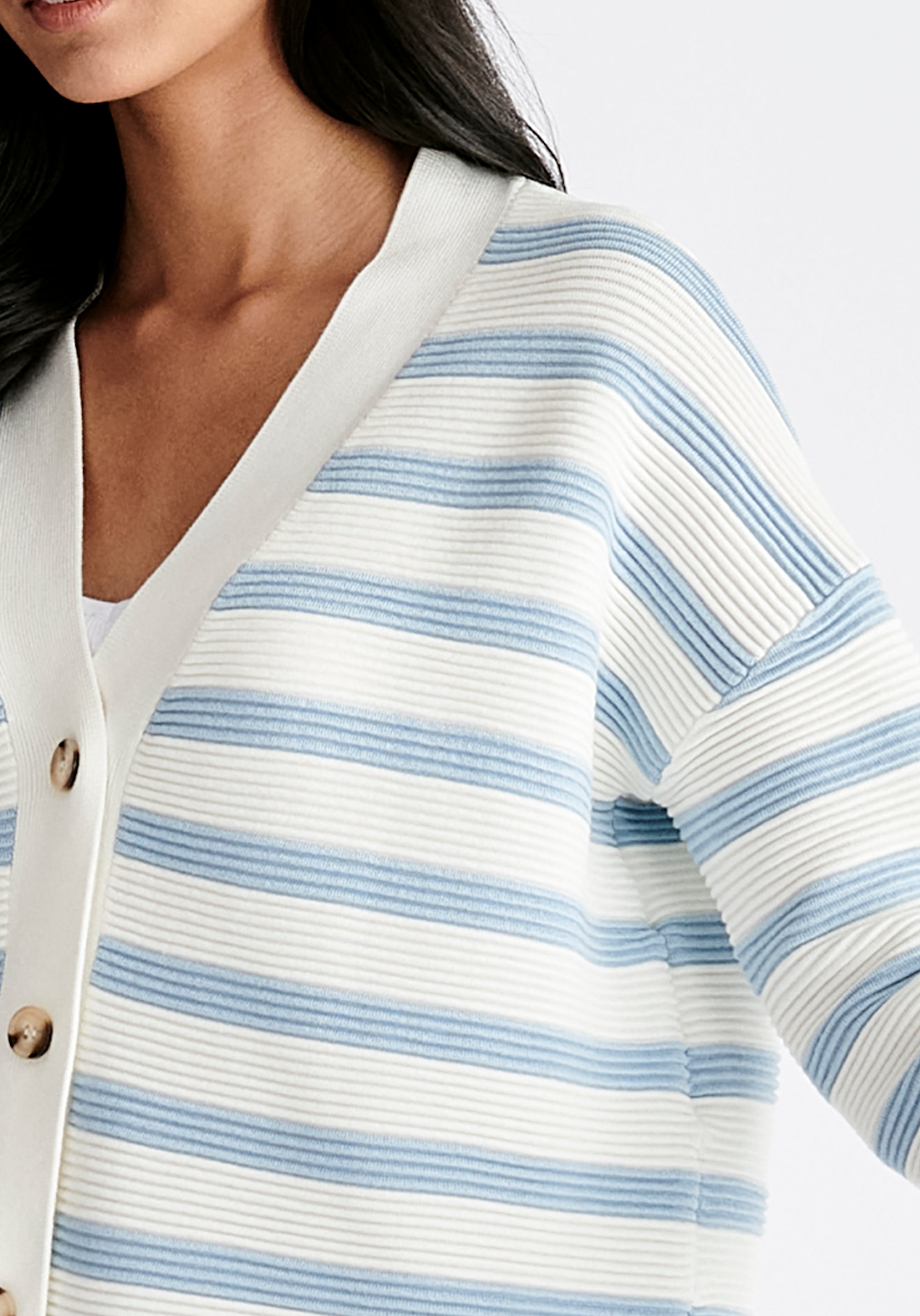 Paisie Striped Ribbed Cardigan in White and Blue Close Up