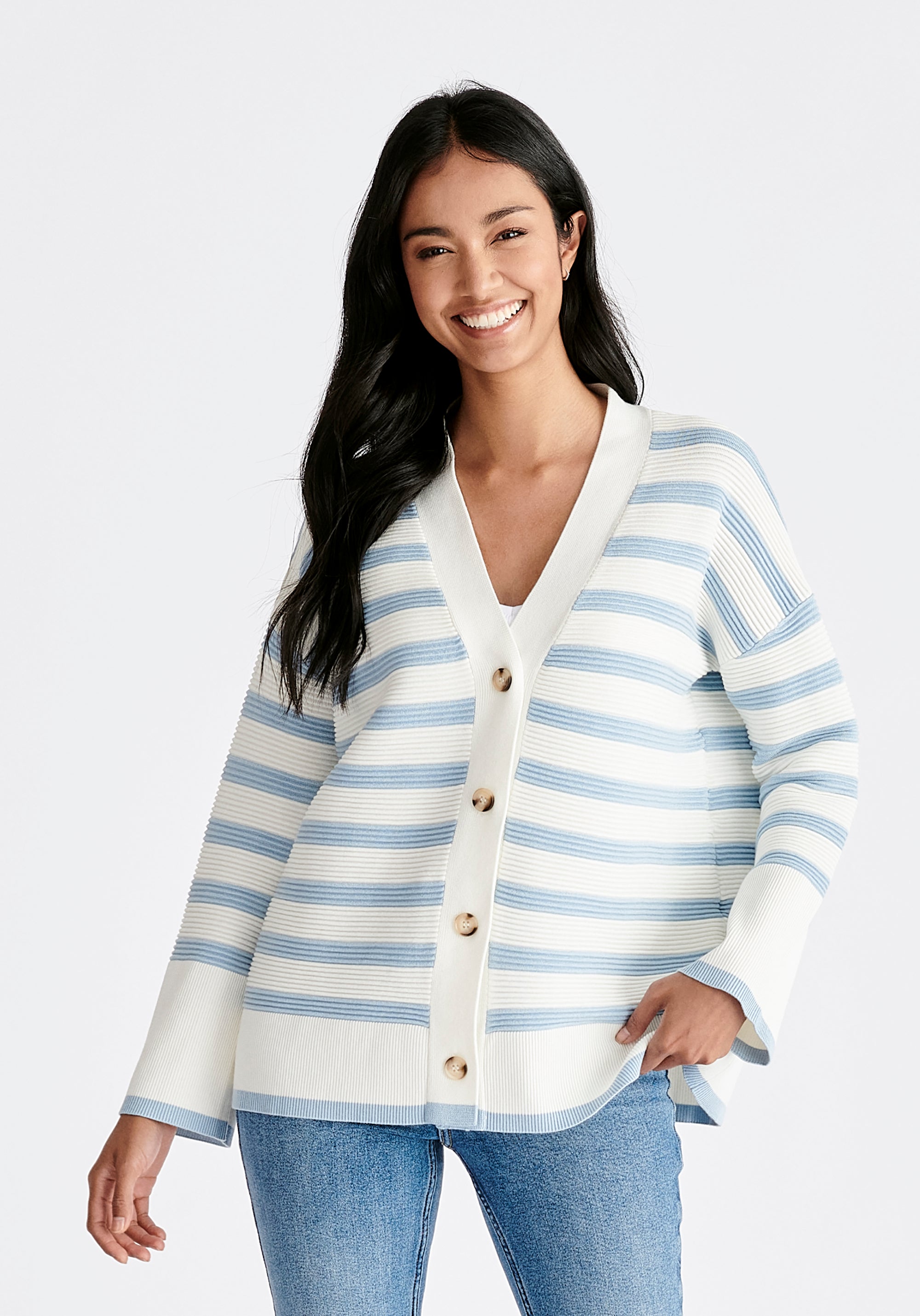 Paisie Striped Ribbed Cardigan in White and Blue