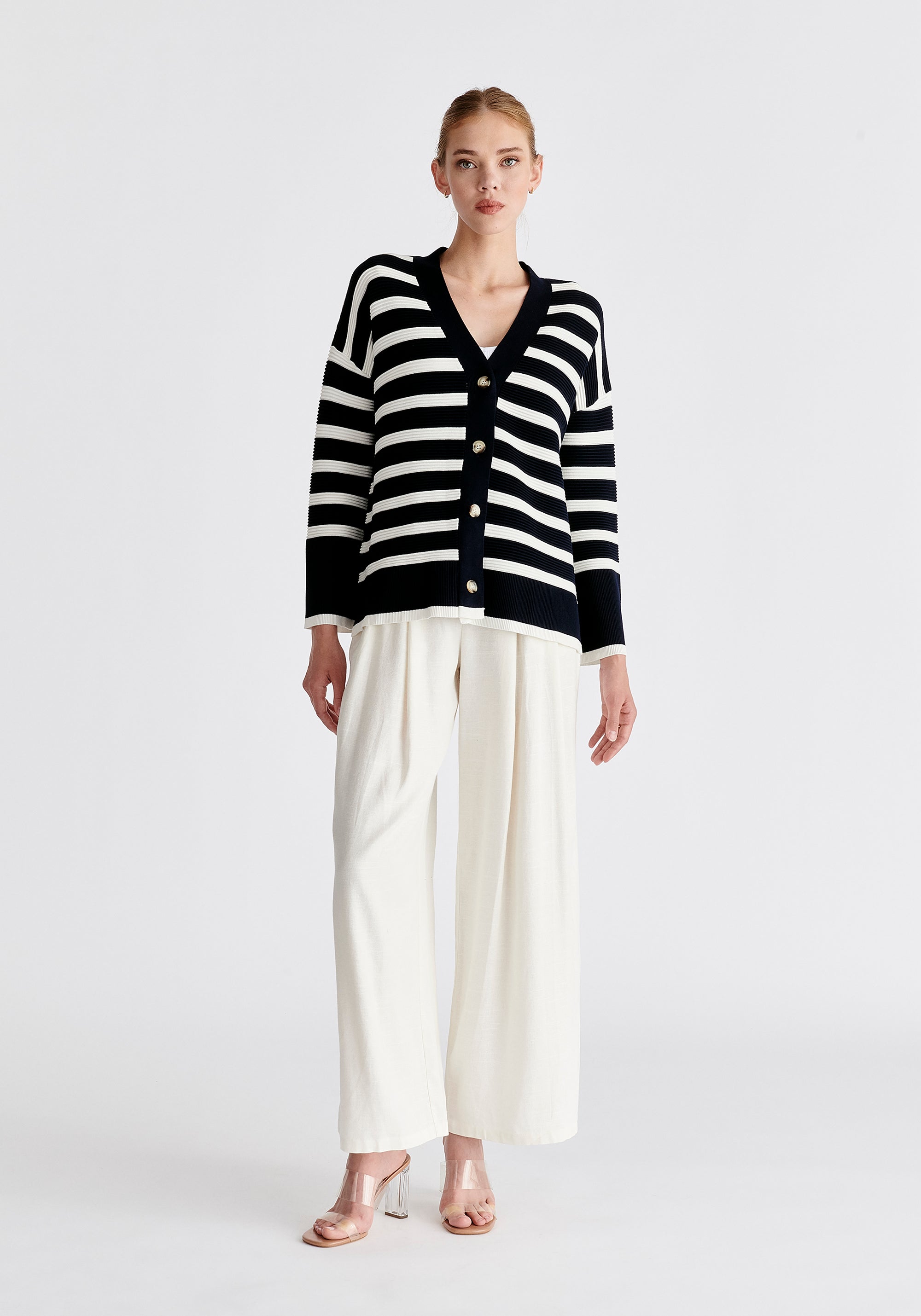 Paisie Striped Ribbed Cardigan in Navy and White