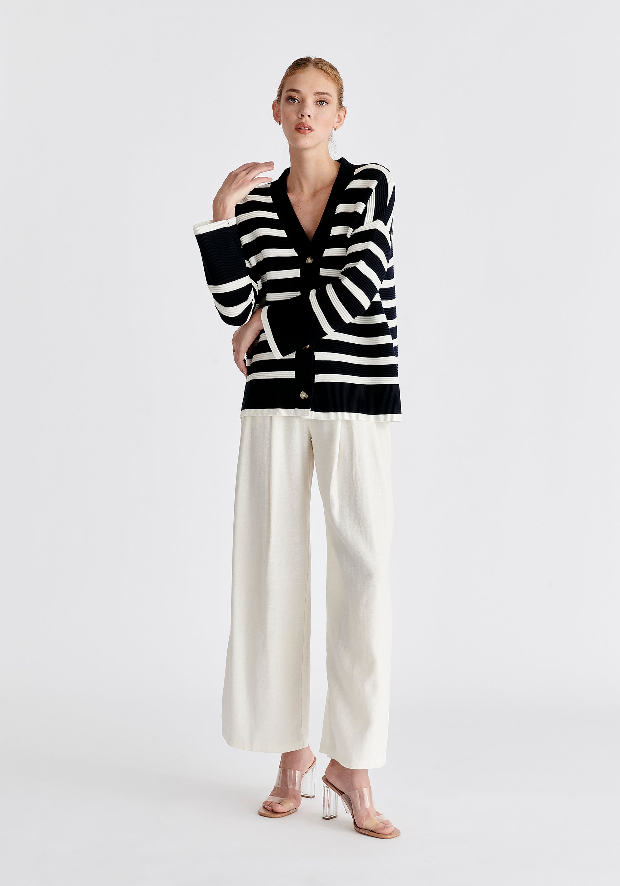 Paisie Striped Ribbed Cardigan in Navy and White