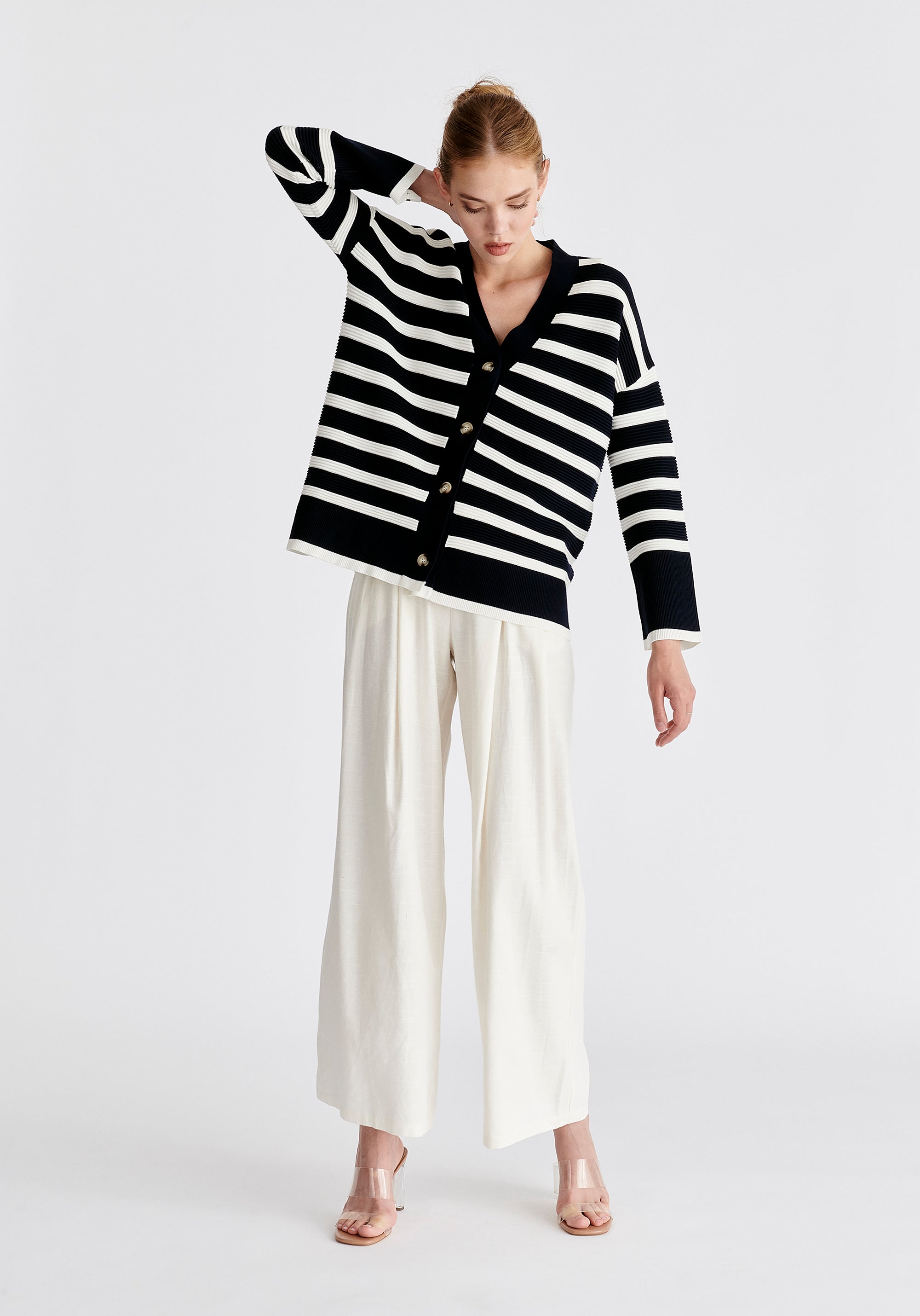 Paisie Striped Ribbed Cardigan in Navy and White