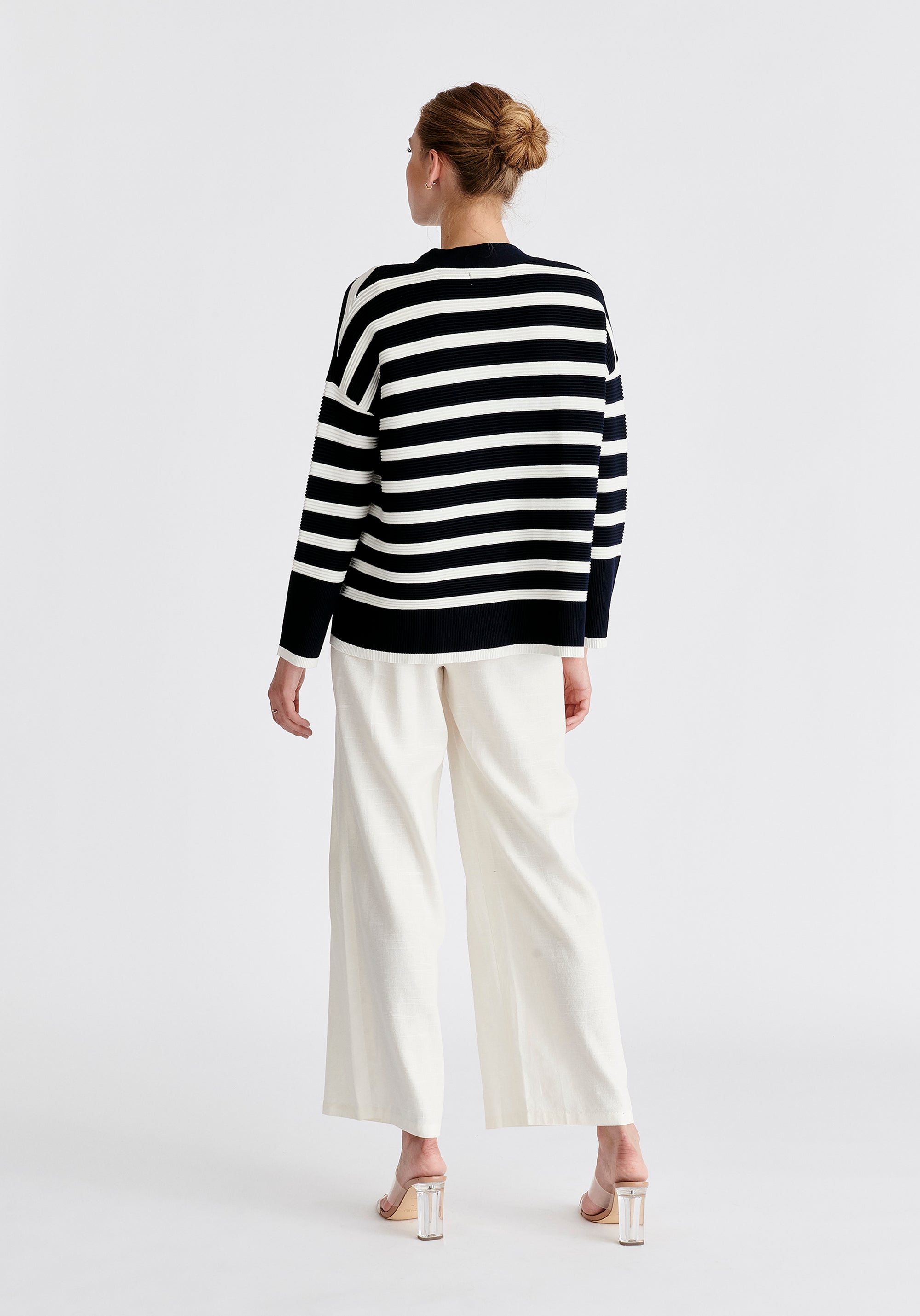 Paisie Striped Ribbed Cardigan in Navy and White Back