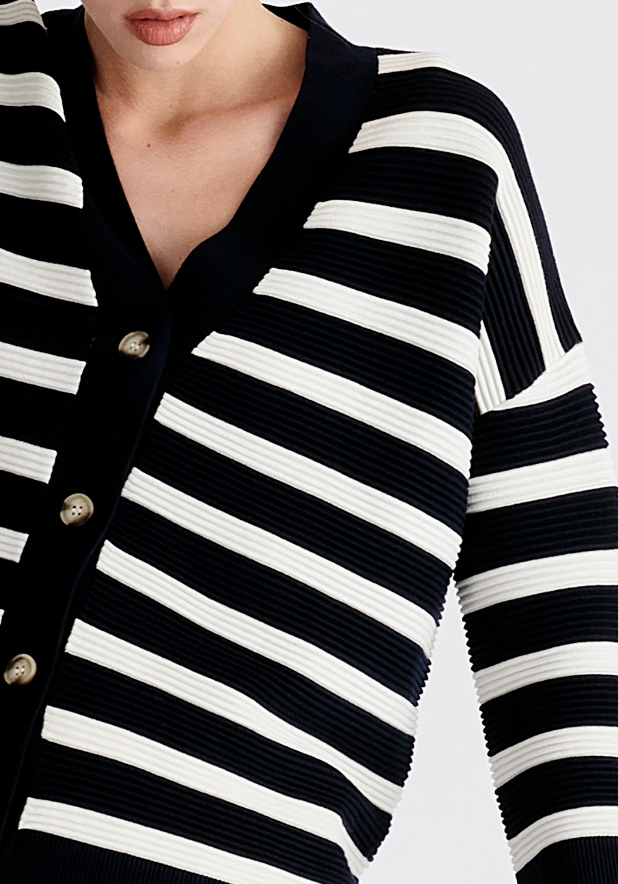 Paisie Striped Ribbed Cardigan in Navy and White Close Up