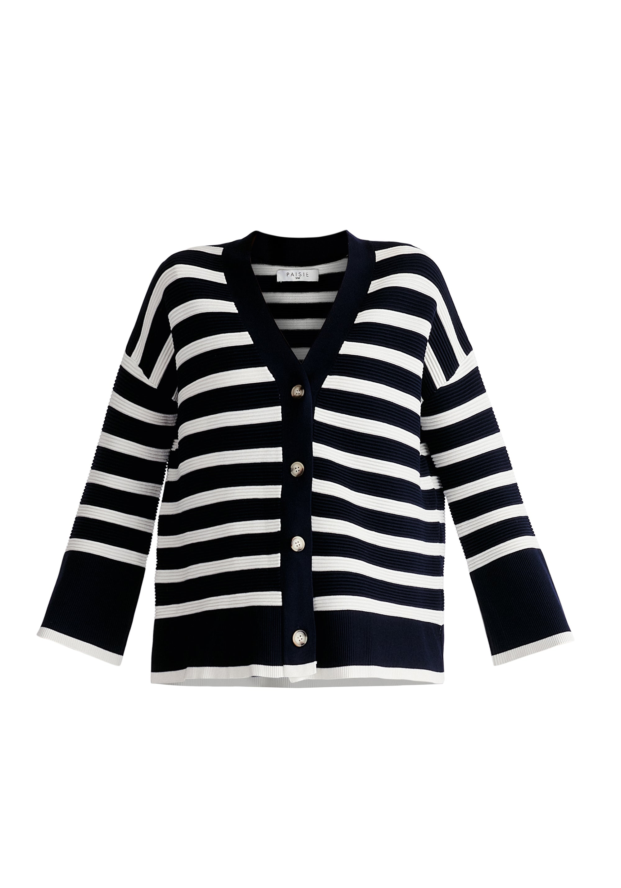 Paisie Striped Ribbed Cardigan in Navy and White Cut Out