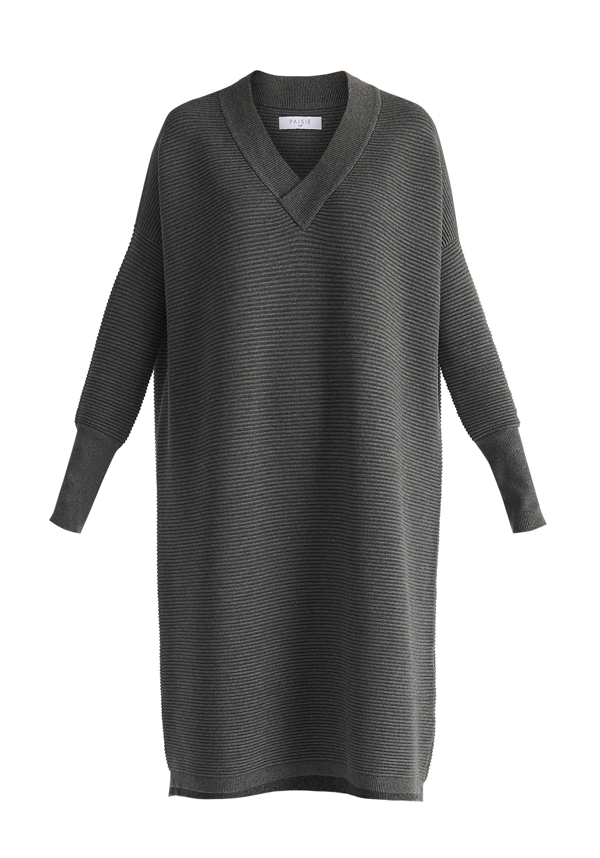 Paisie V-Neck Ribbed Jumper Dress in Dark Grey Cut Out