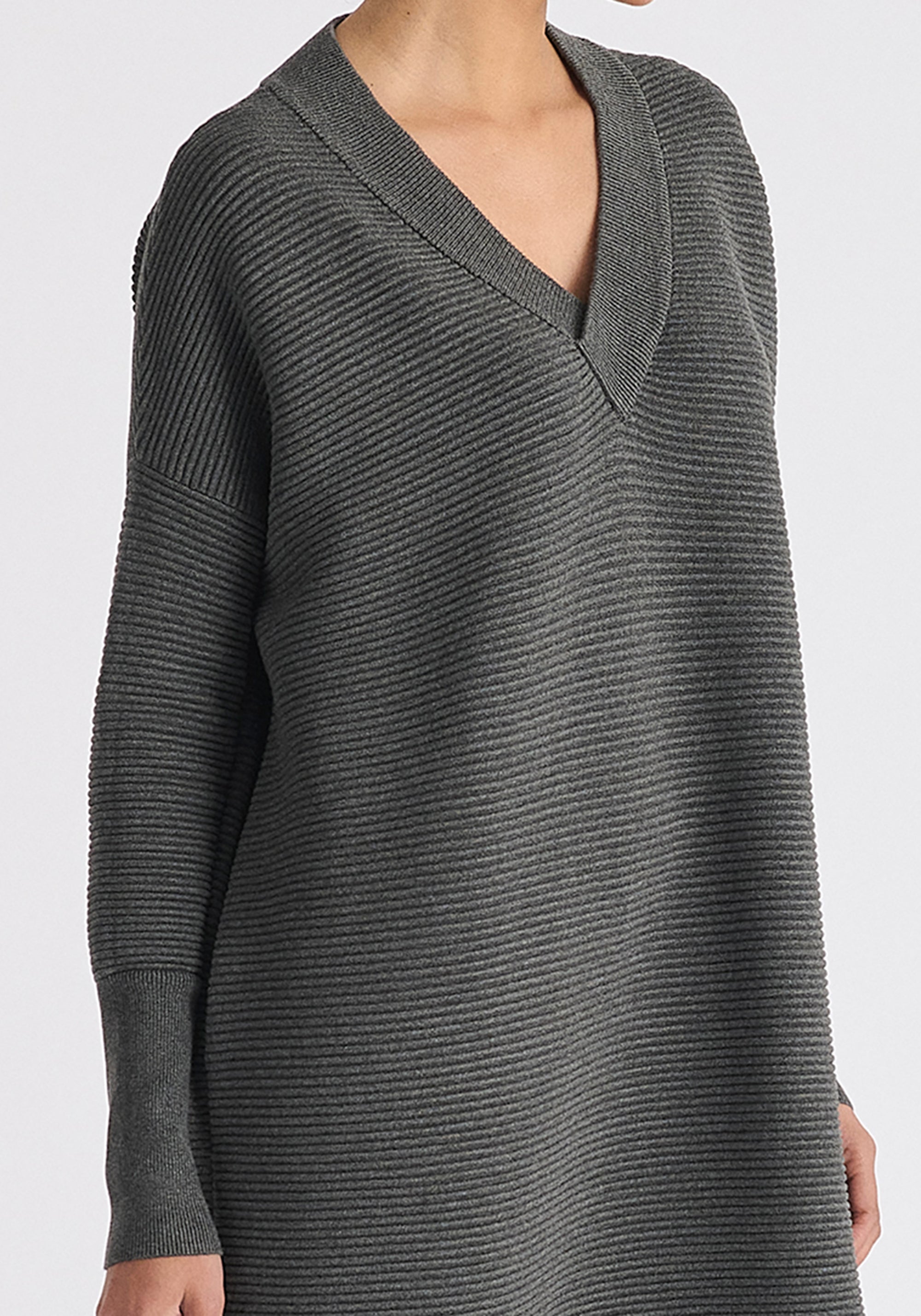 Paisie V-Neck Ribbed Jumper Dress in Dark Grey Close Up