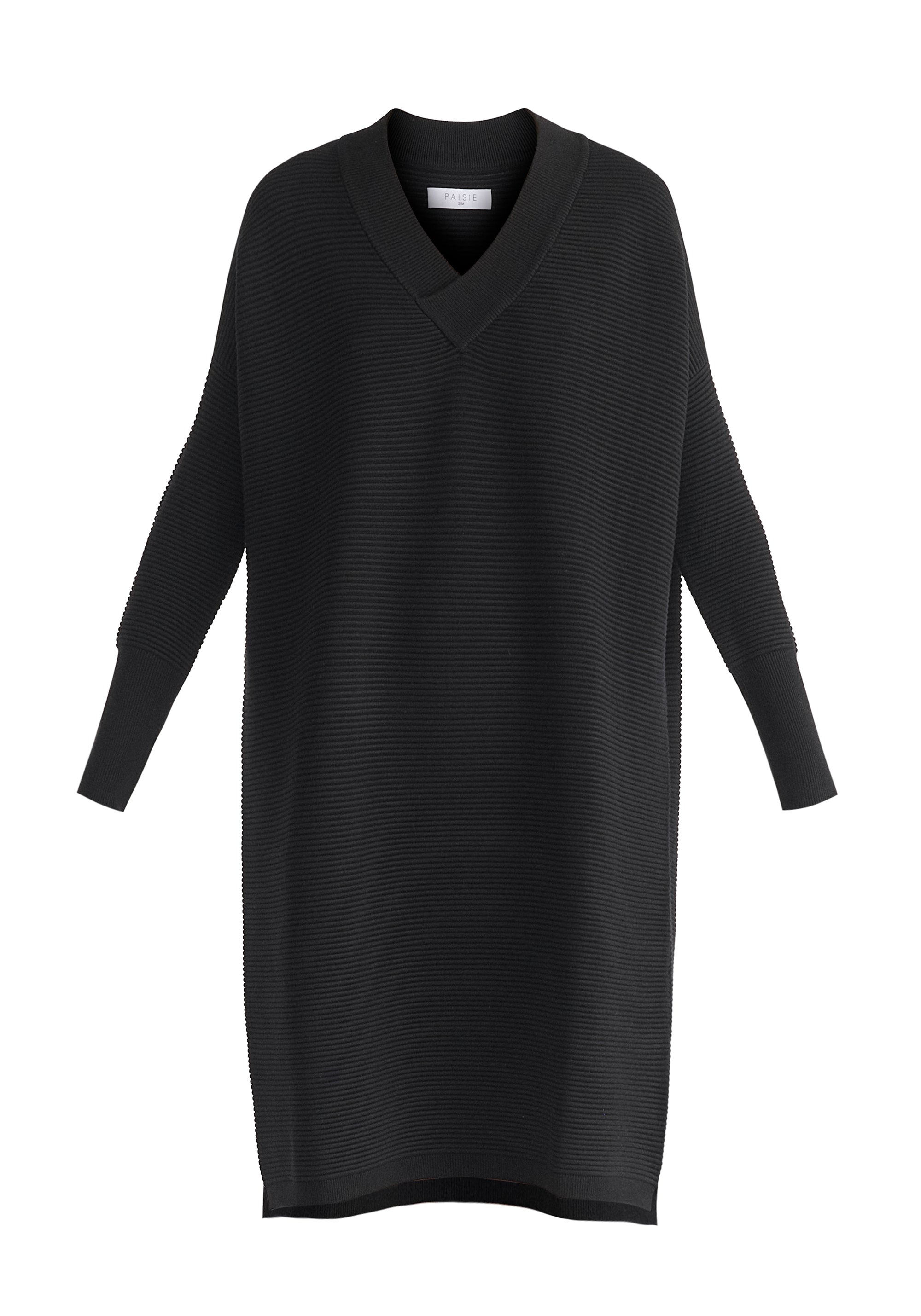 Paisie V-Neck Ribbed Jumper Dress in Black Cut Out