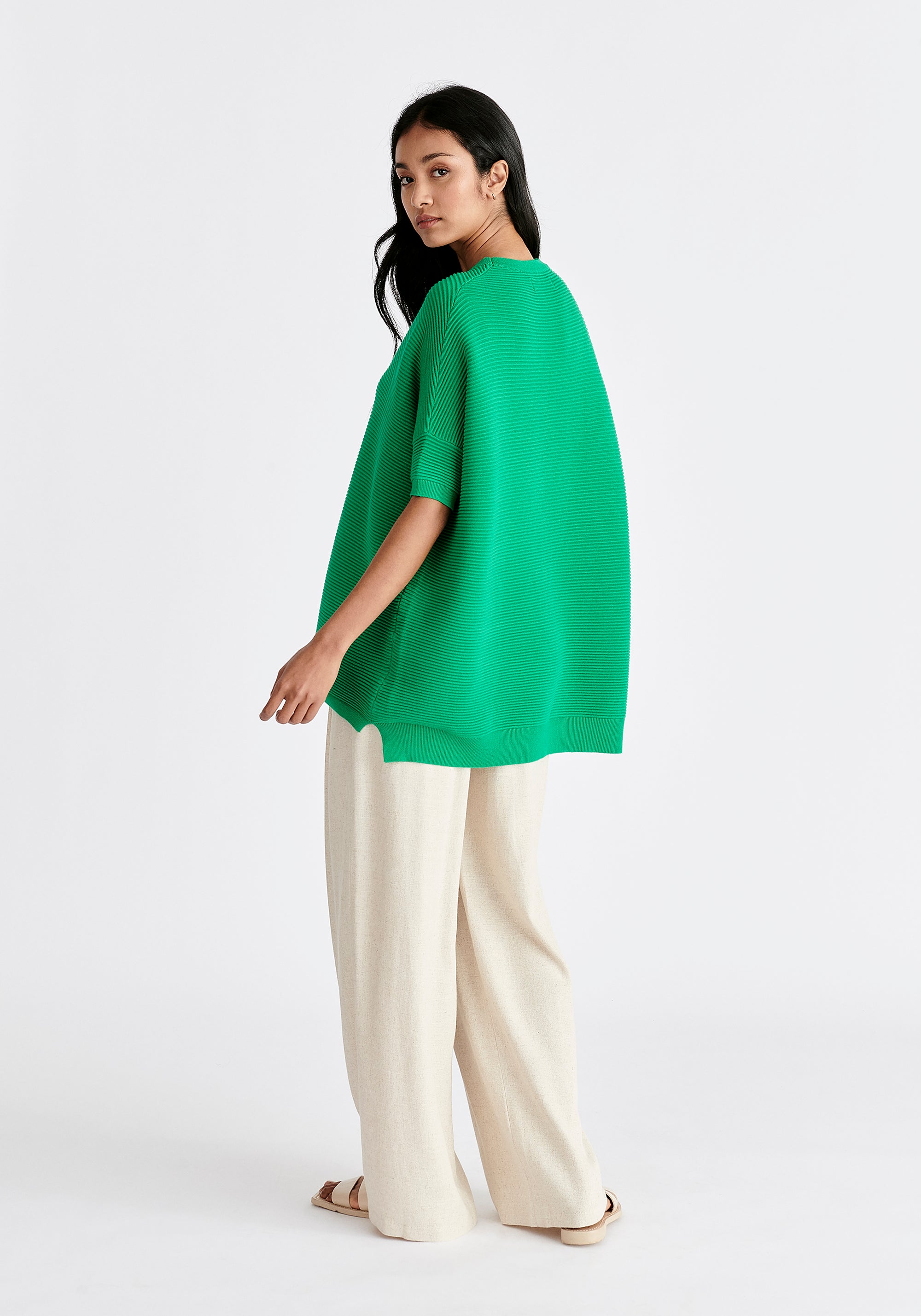 Paisie Short Sleeve Ribbed Jumper in Green Back