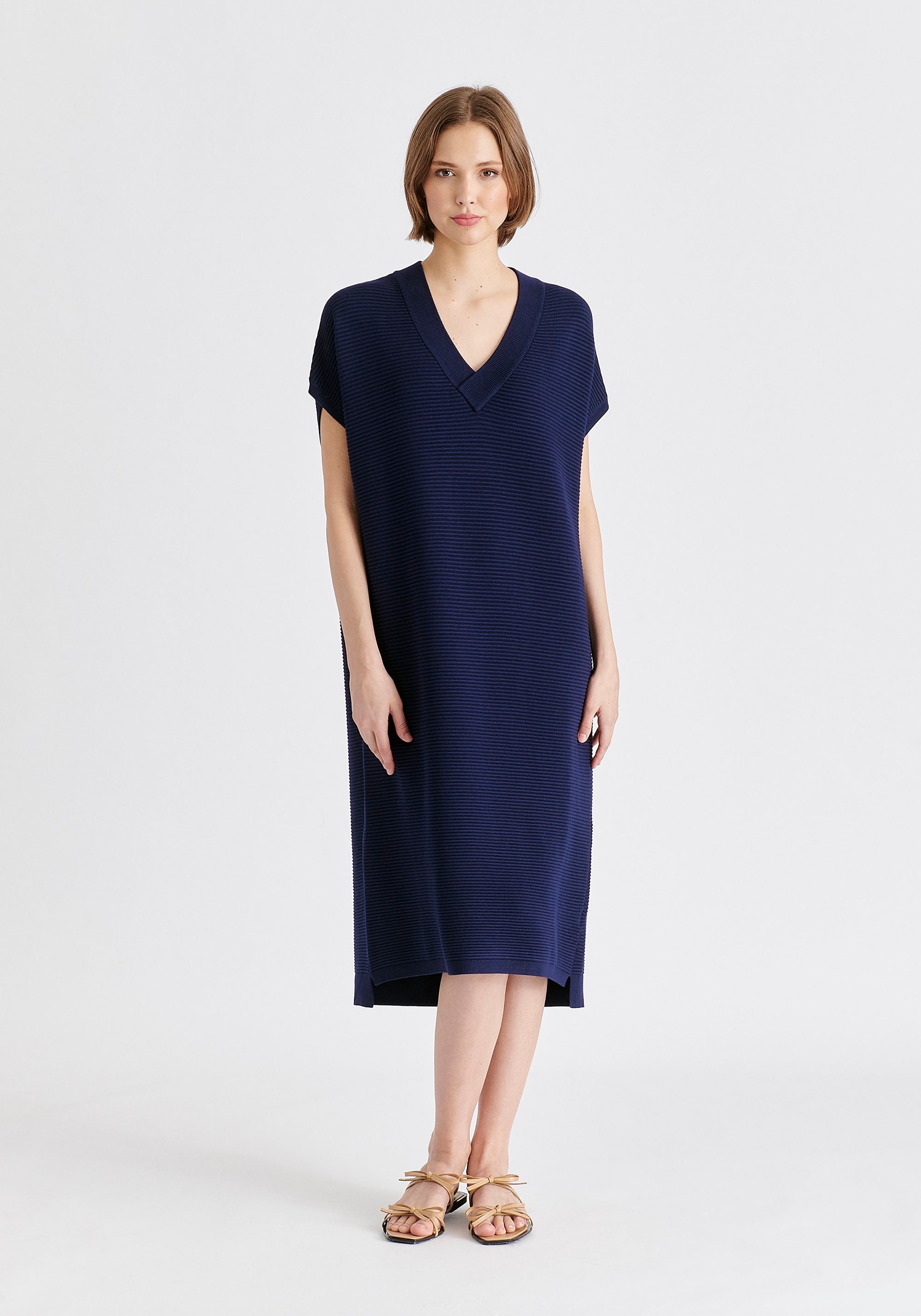 V-Neck Sleeveless Ribbed Jumper Dress In Navy