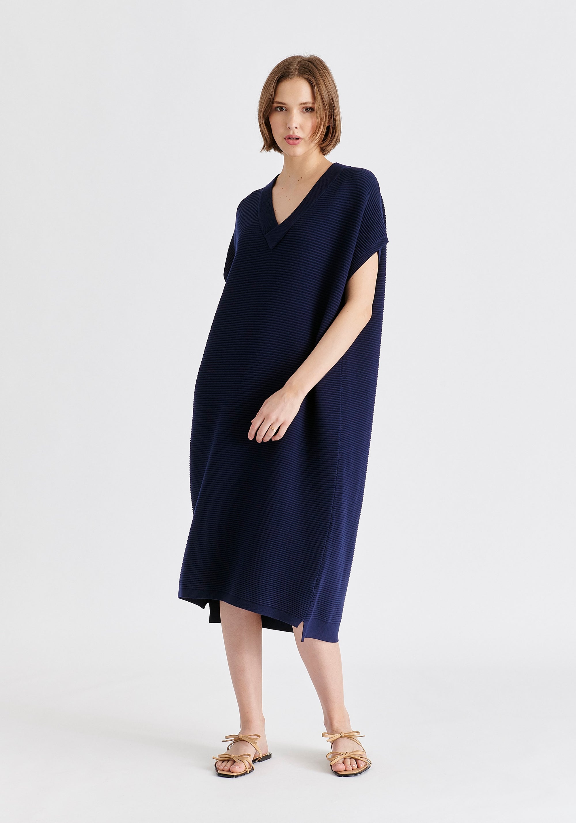 V-Neck Sleeveless Ribbed Jumper Dress In Navy Side