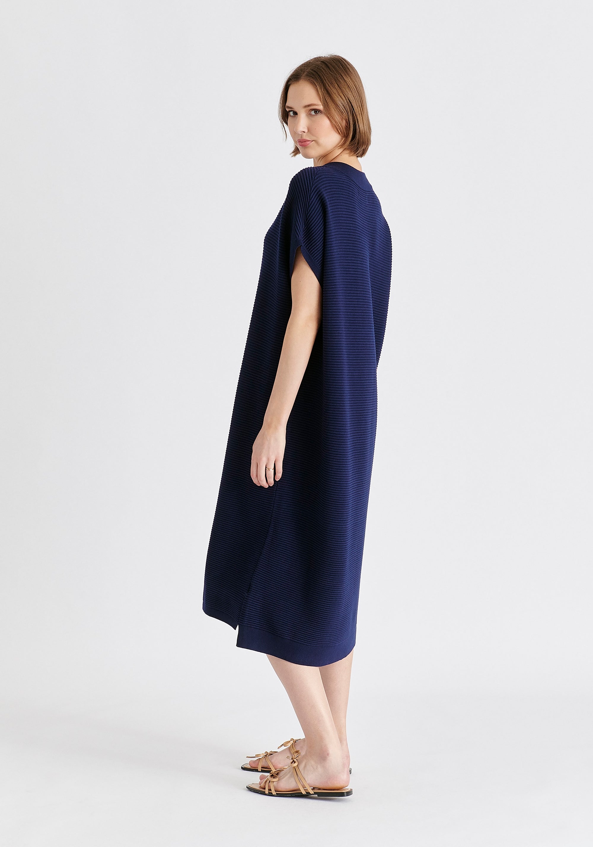 V-Neck Sleeveless Ribbed Jumper Dress In Navy Back