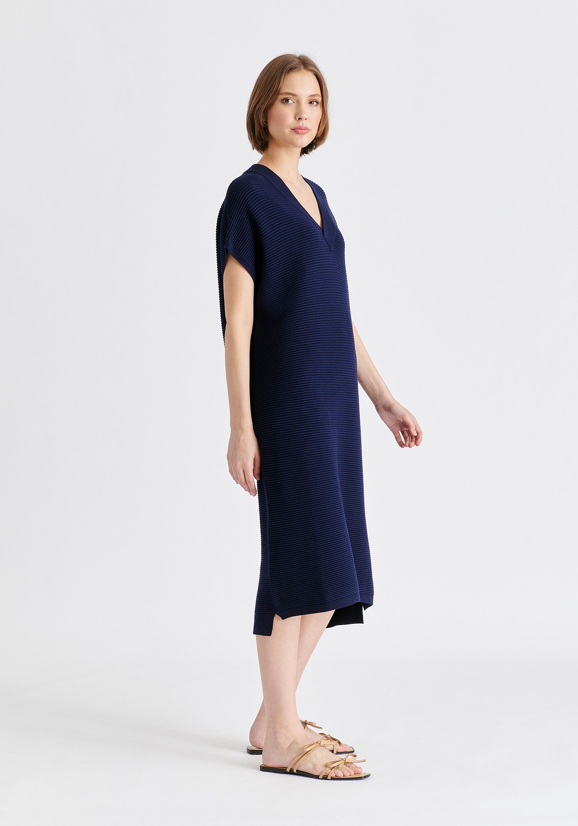 V-Neck Sleeveless Ribbed Jumper Dress In Navy Side