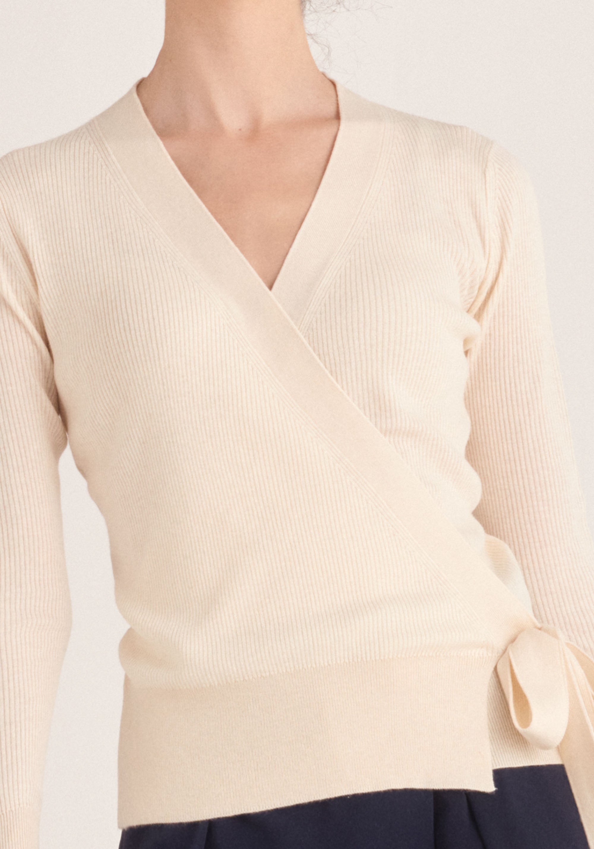 Paisie Ribbed Wrap Side Tie Top in Cream Close Up