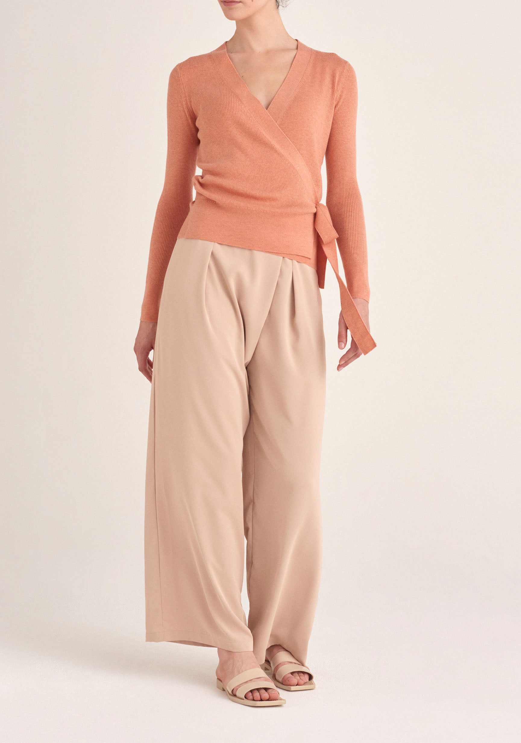 Paisie Ribbed Wrap Side Tie Top in Coral