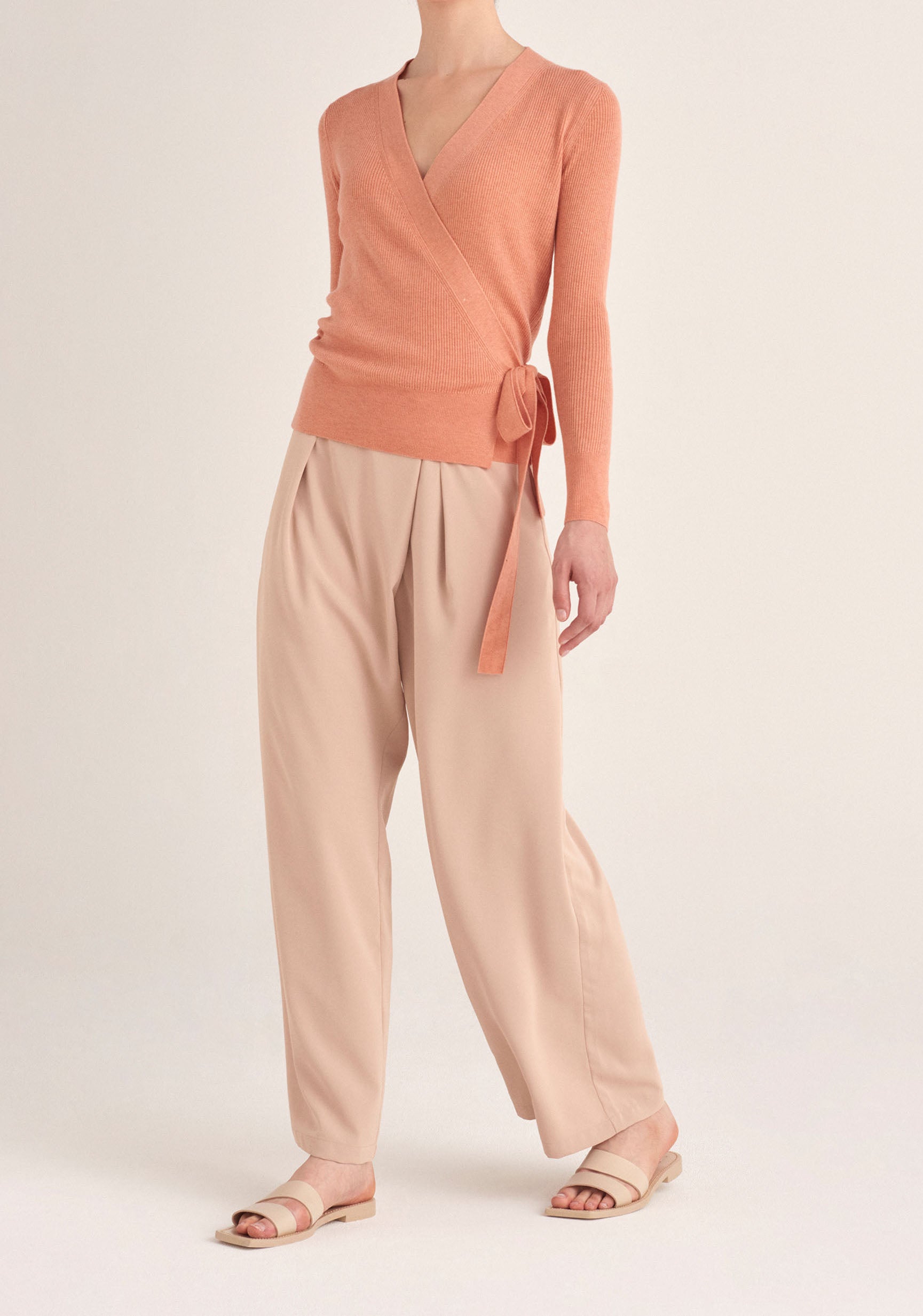 Paisie Ribbed Wrap Side Tie Top in Coral