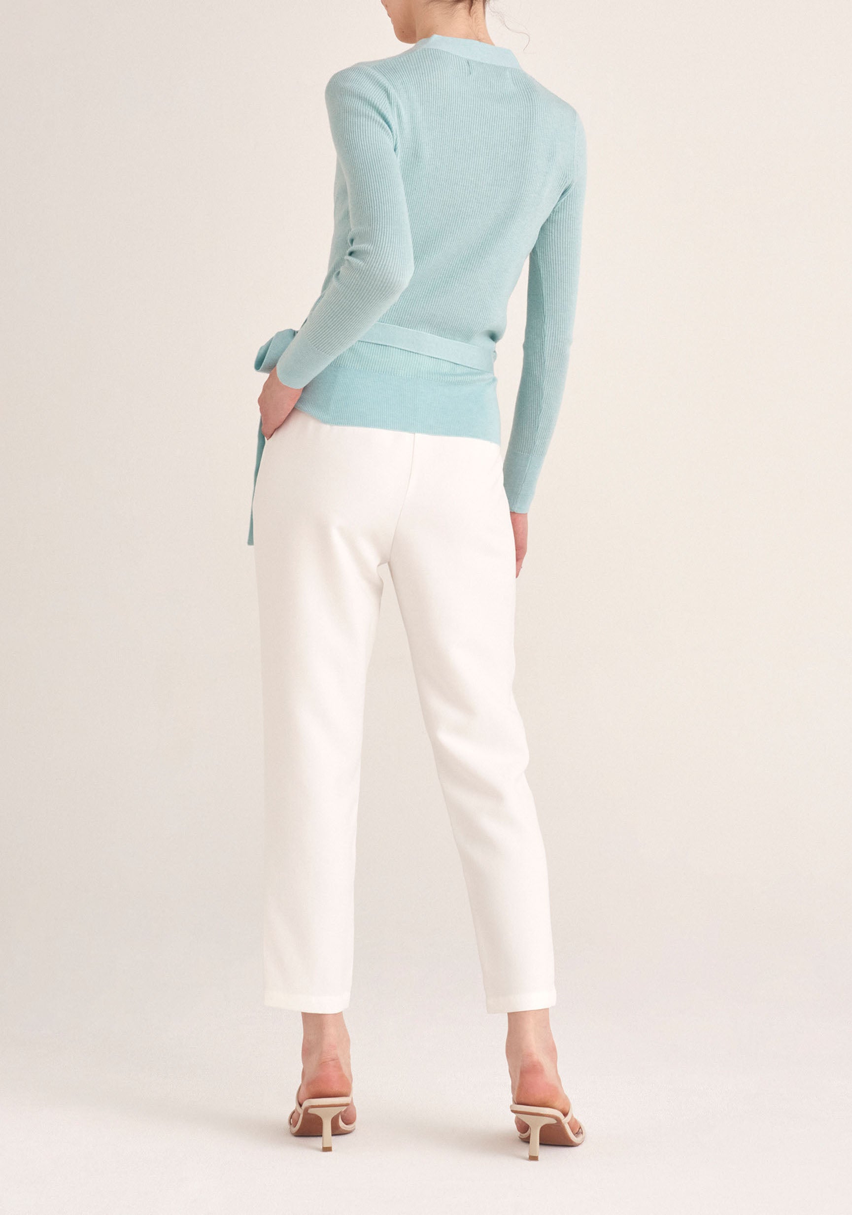 Paisie Ribbed Wrap Side Tie Top in Teal Back