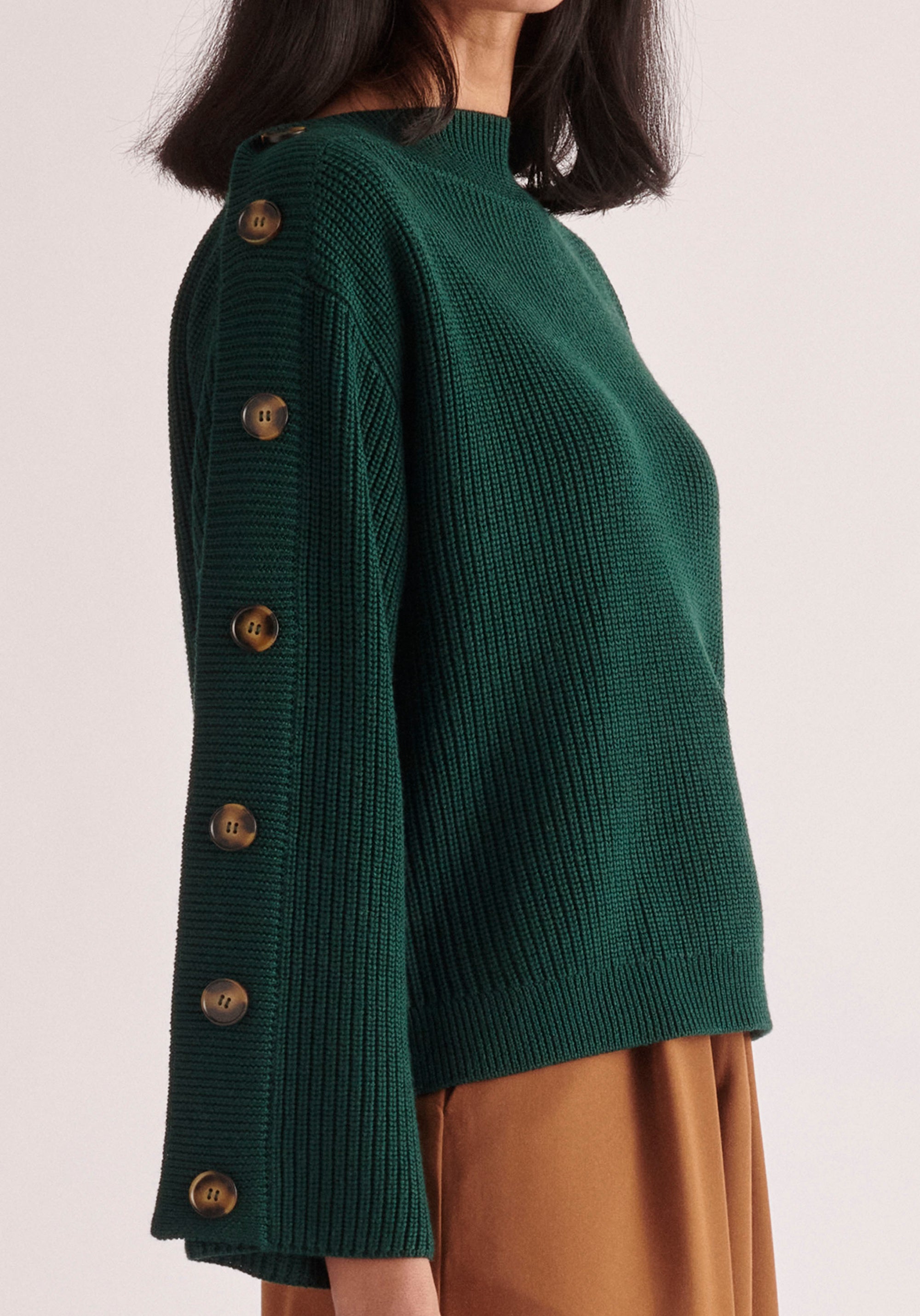 Paisie Button Sleeve Jumper in Dark Green Close Up