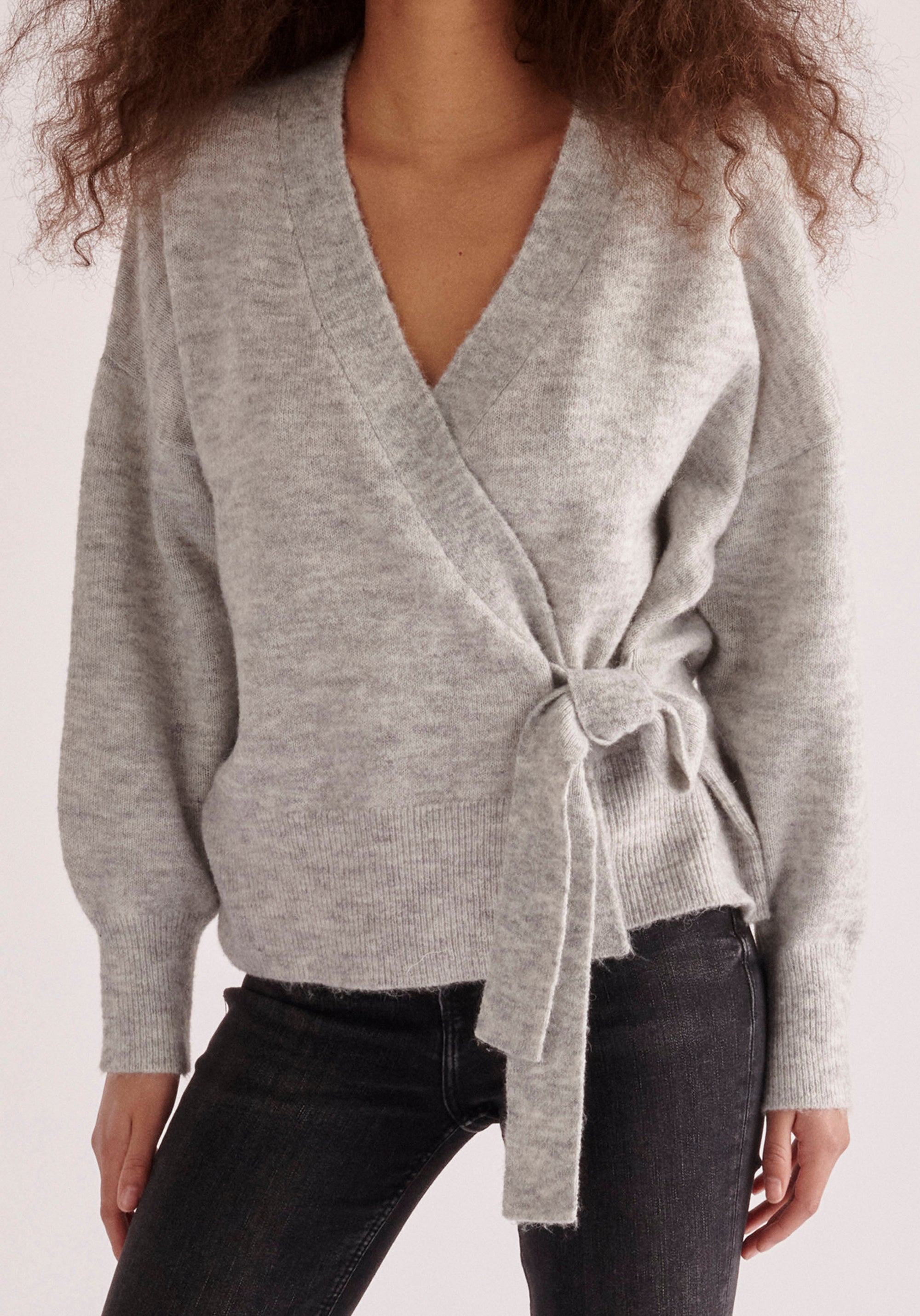 Paisie Ballerina Wrap Cardigan in Light Grey Close Up