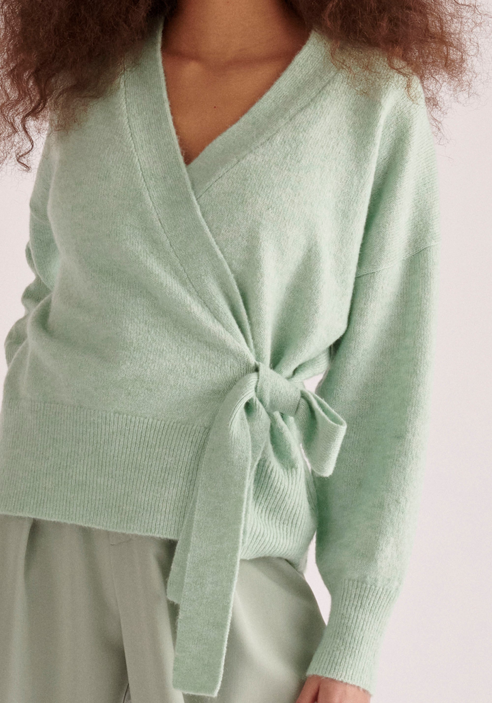 Paisie Ballerina Wrap Cardigan in Light Green Close Up