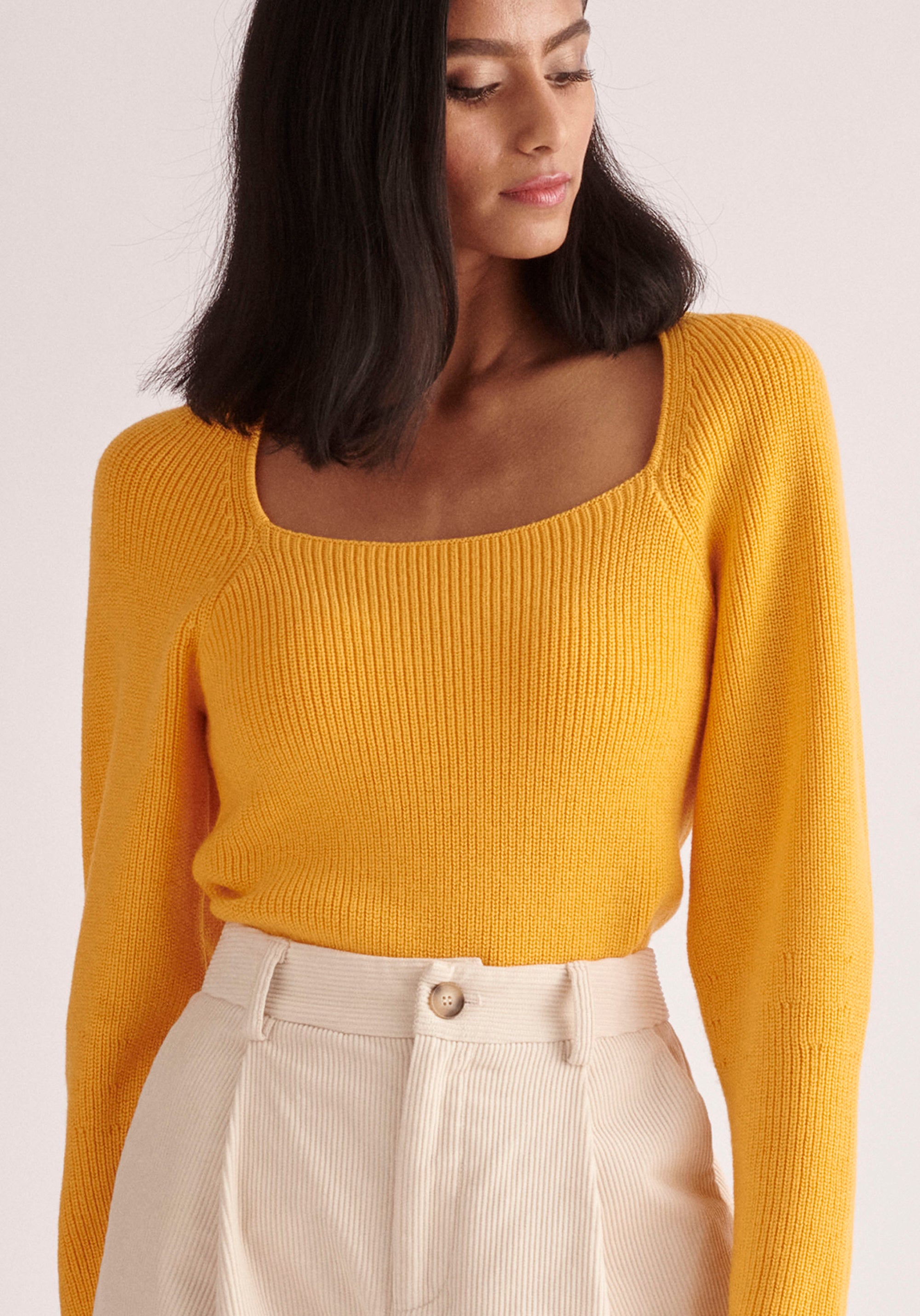 Paisie Square Neck Jumper in Yellow Close Up