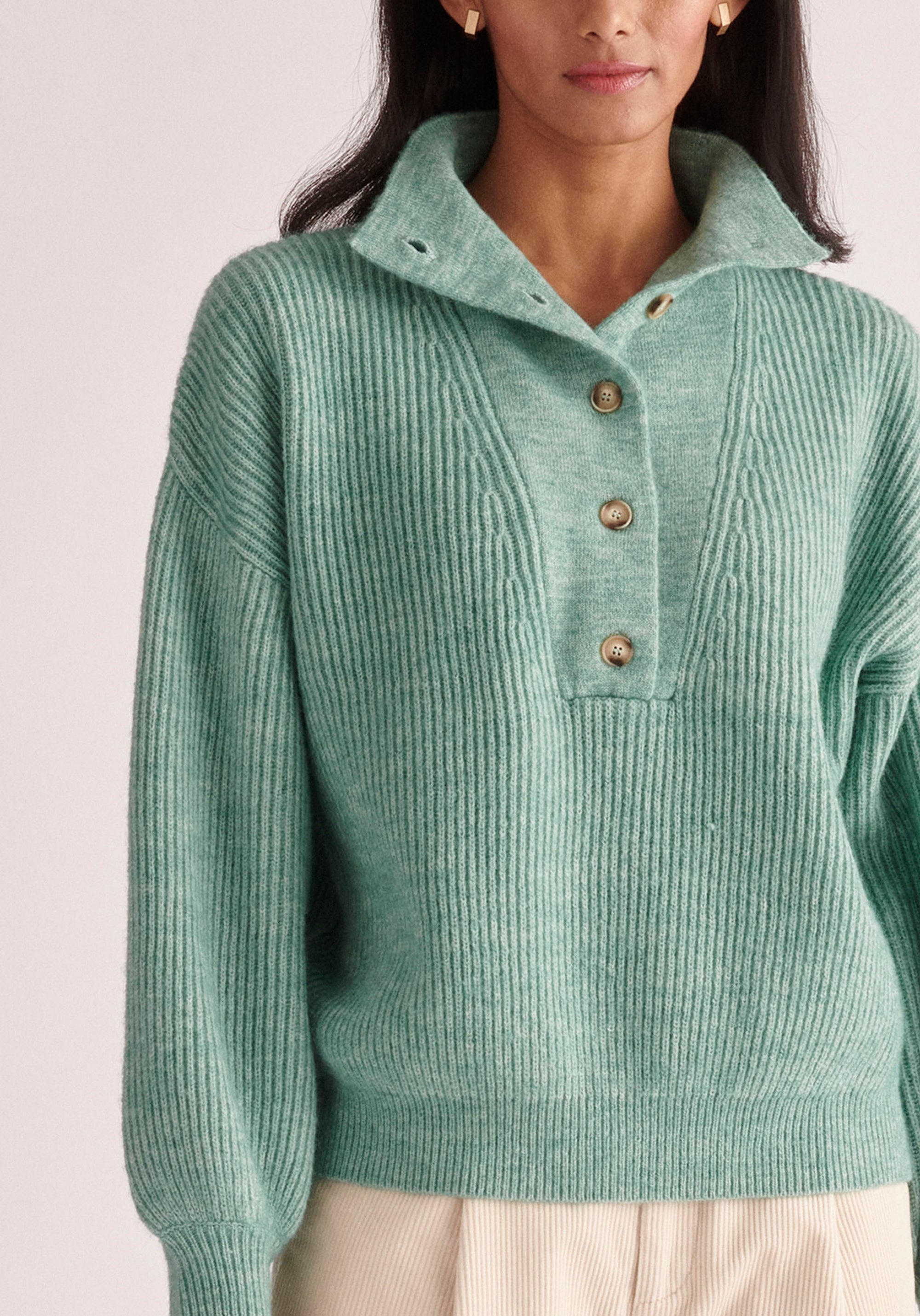 Paisie Button Neck Jumper in Teal Close Up