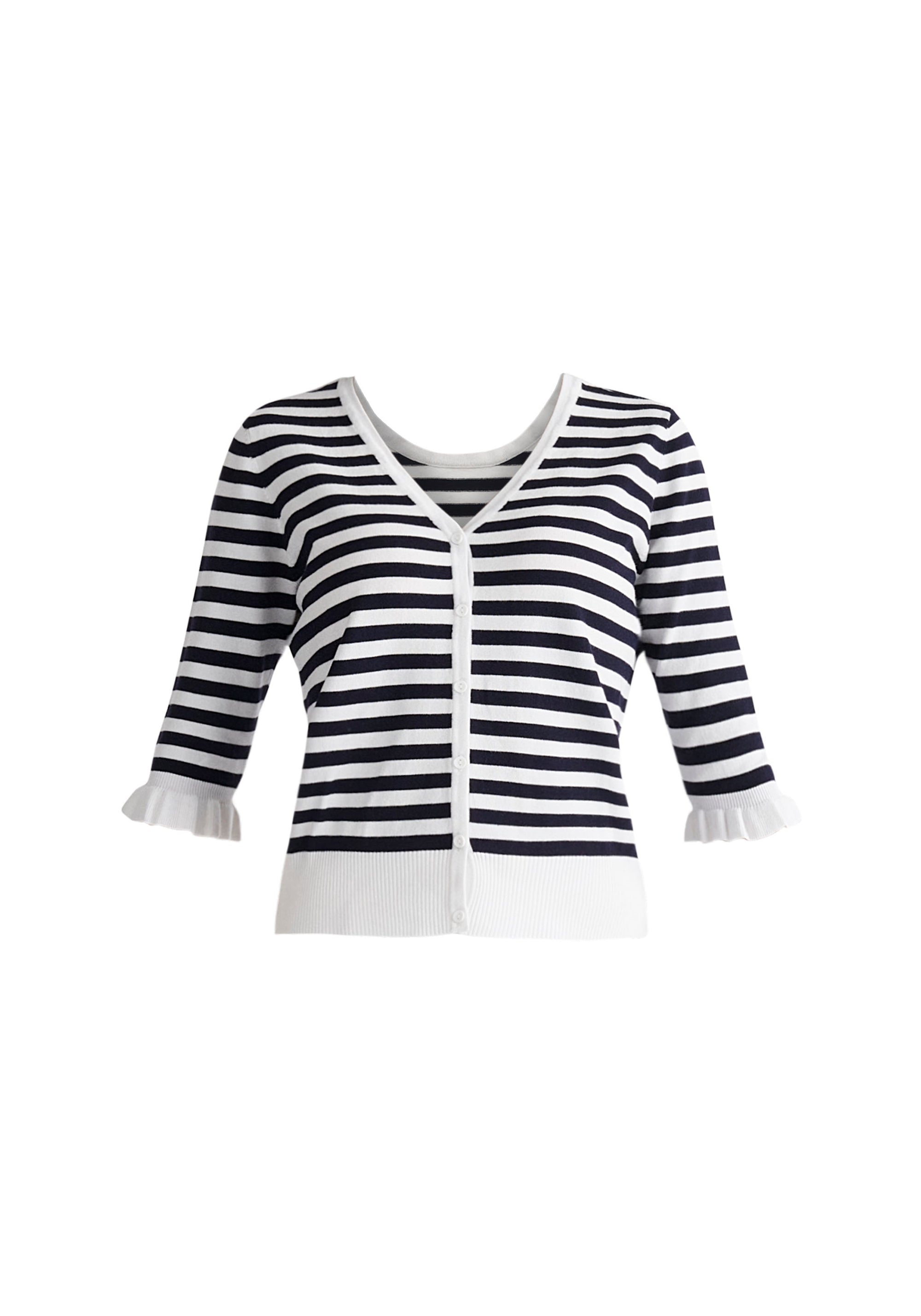 Paisie Striped Frilled Two-Way Top in Navy and White Cut Out