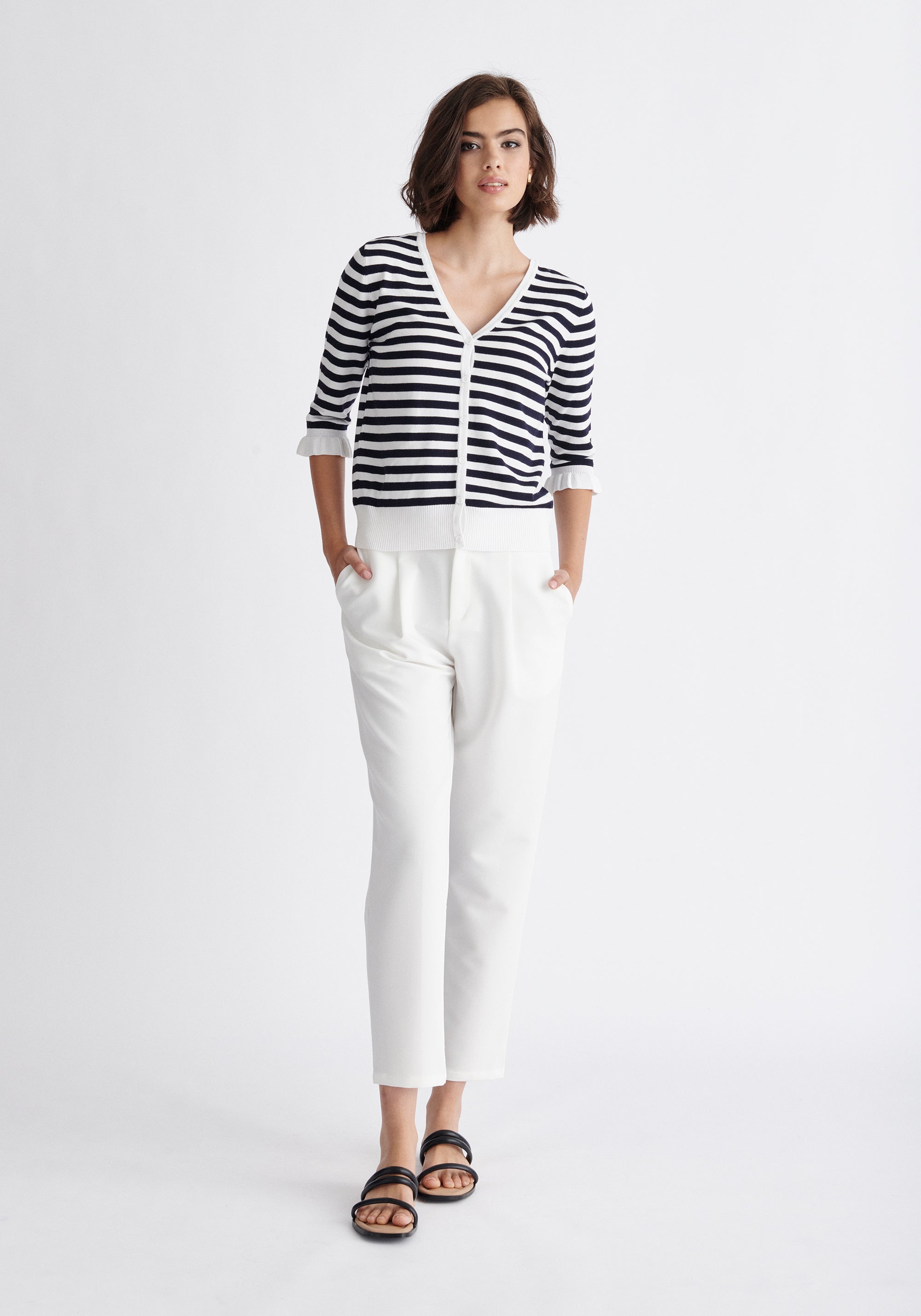 Paisie Striped Frilled Two-Way Top in Navy and White