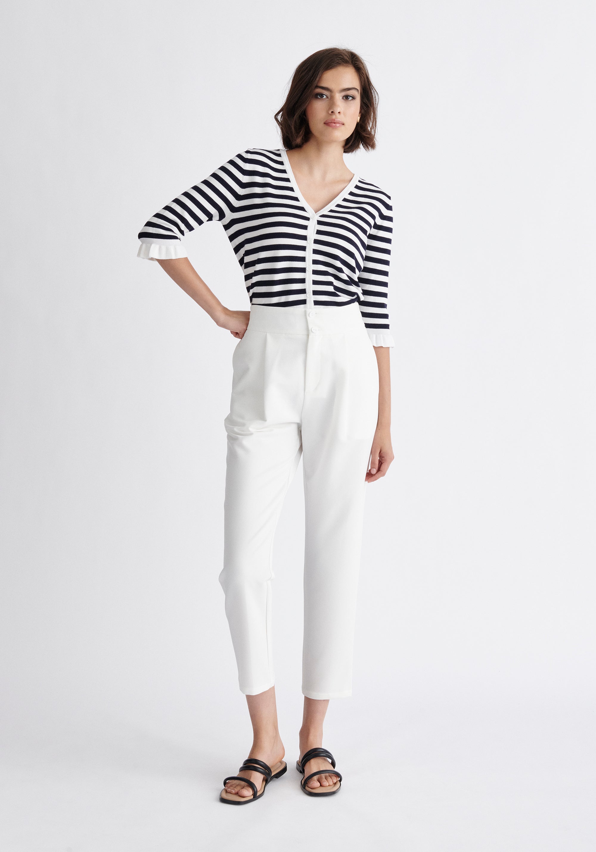 Paisie Striped Frilled Two-Way Top in Navy and White