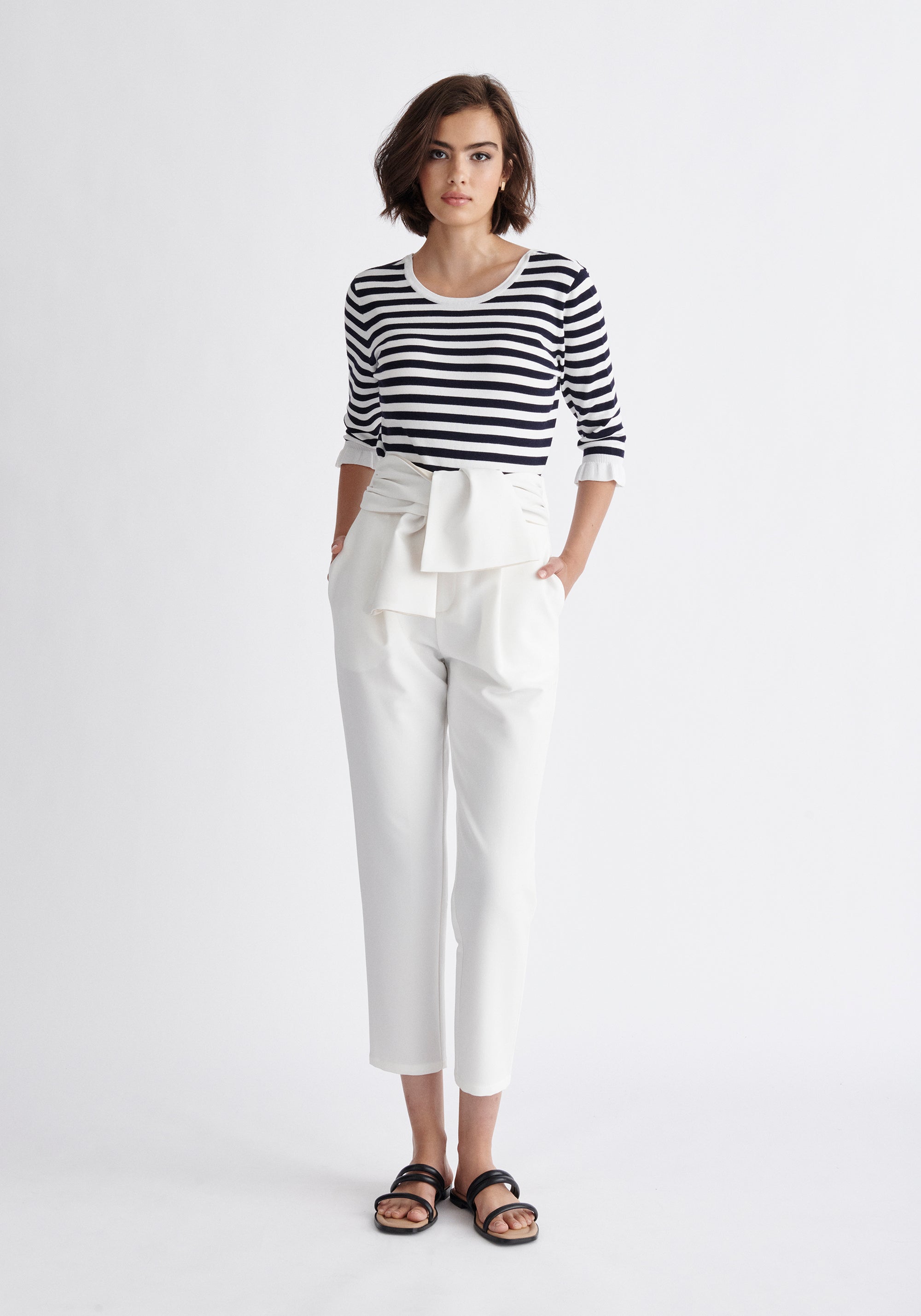 Paisie Striped Frilled Two-Way Top in Navy and White