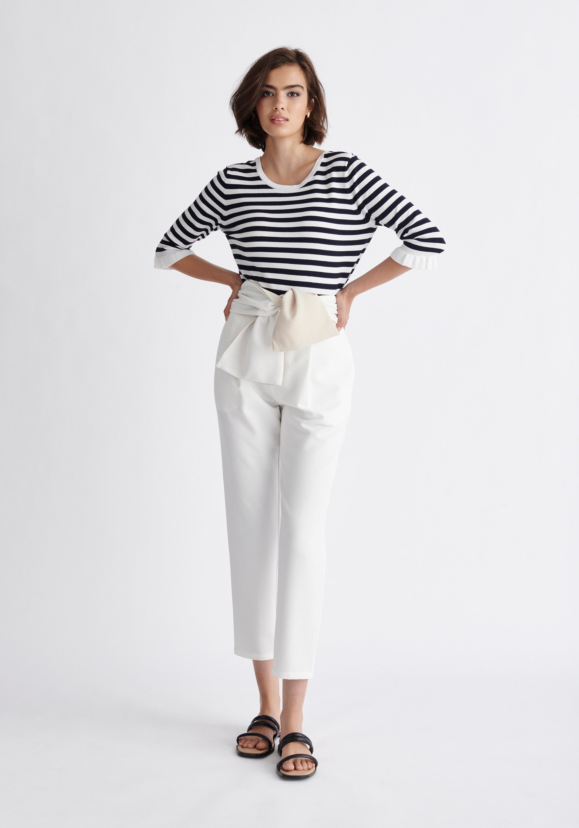 Paisie Striped Frilled Two-Way Top in Navy and White