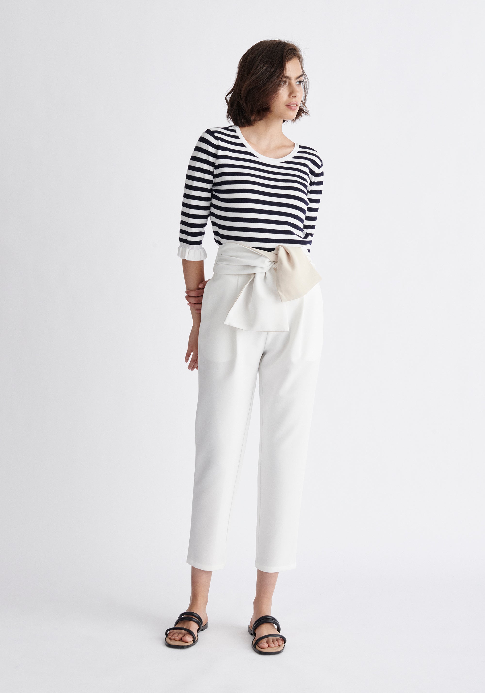 Paisie Striped Frilled Two-Way Top in Navy and White