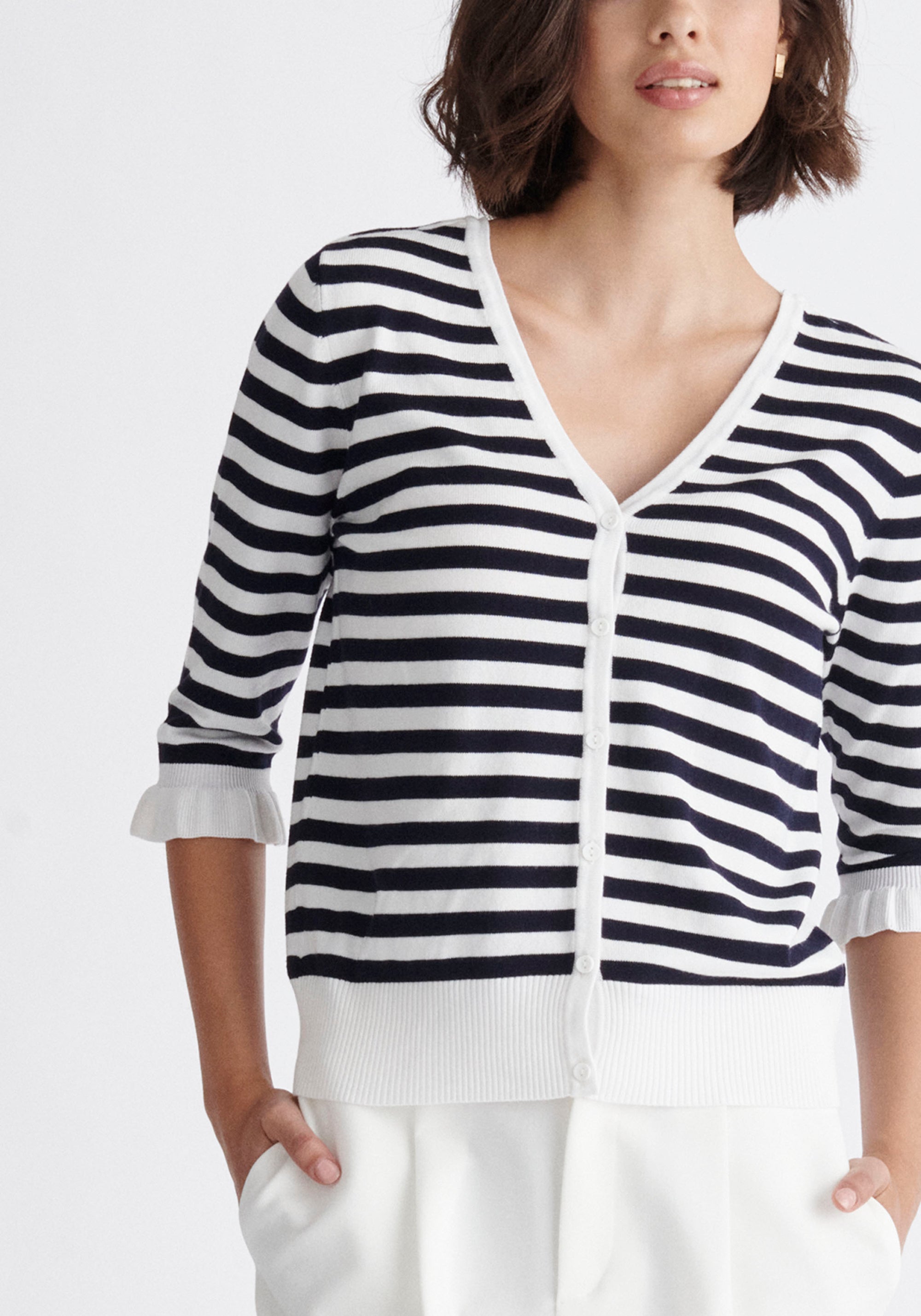 Paisie Striped Frilled Two-Way Top in Navy and White Close Up