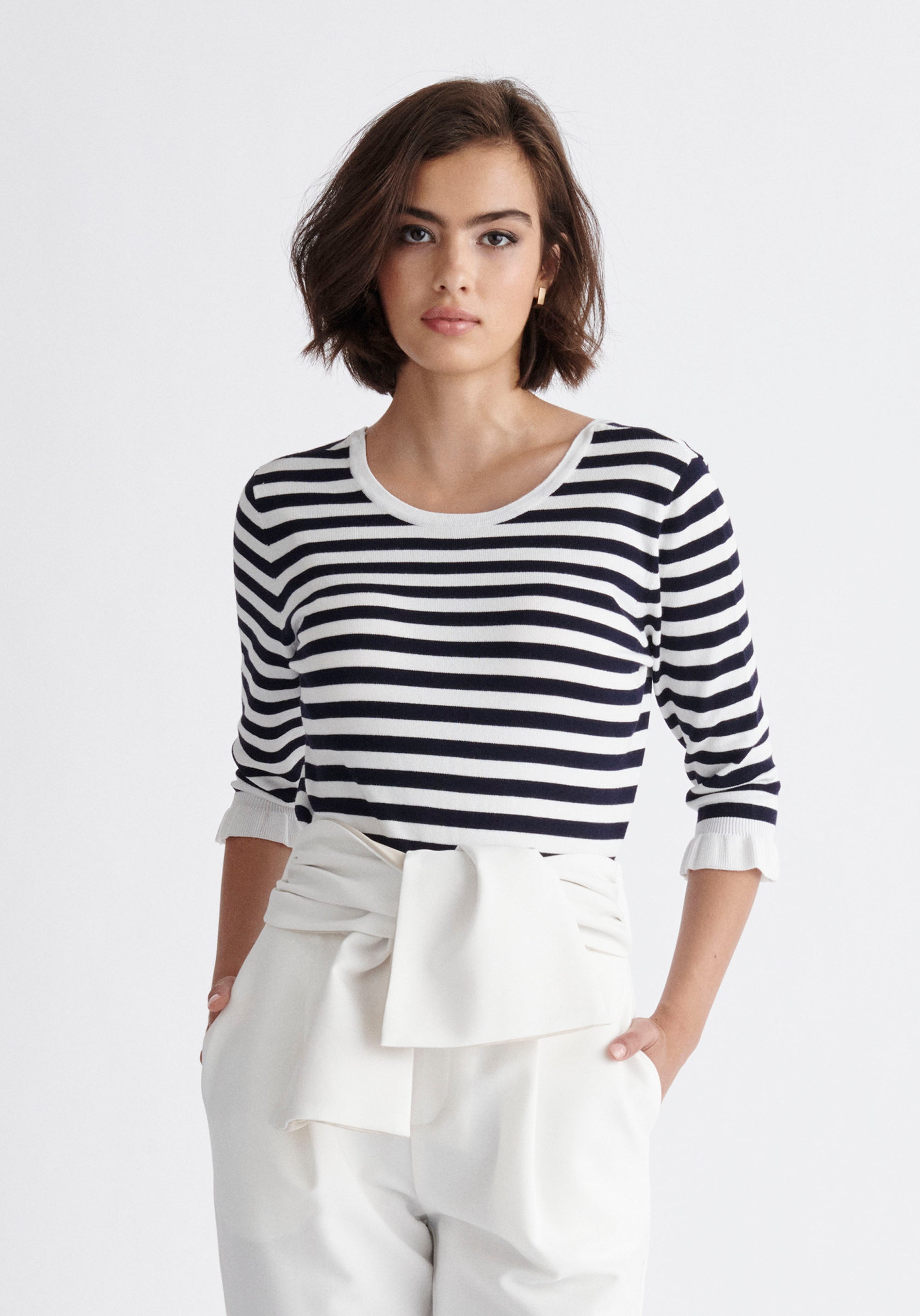 Paisie Striped Frilled Two-Way Top in Navy and White