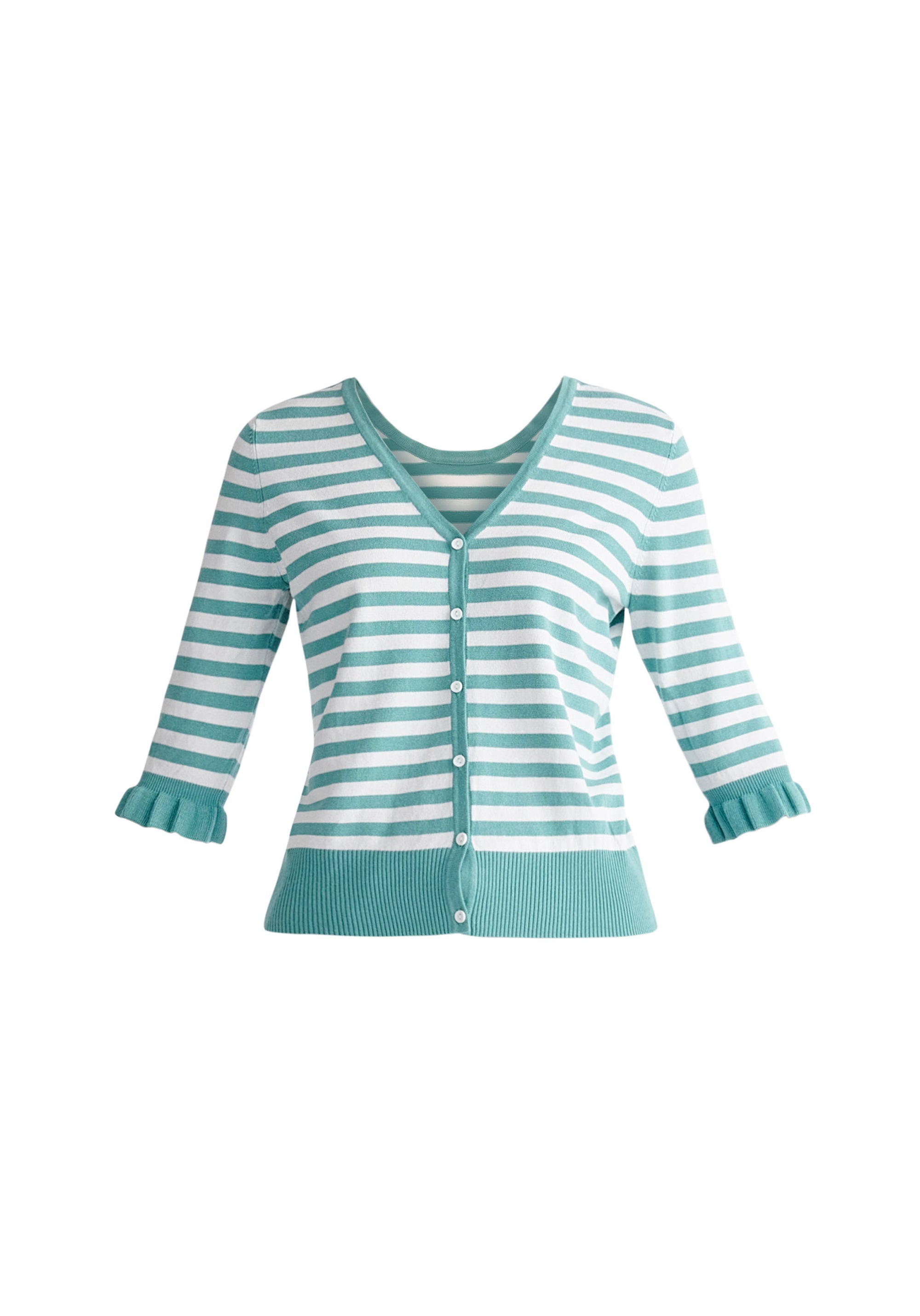 Paisie Striped Frilled Two-Way Top in Teal and White Cut Out