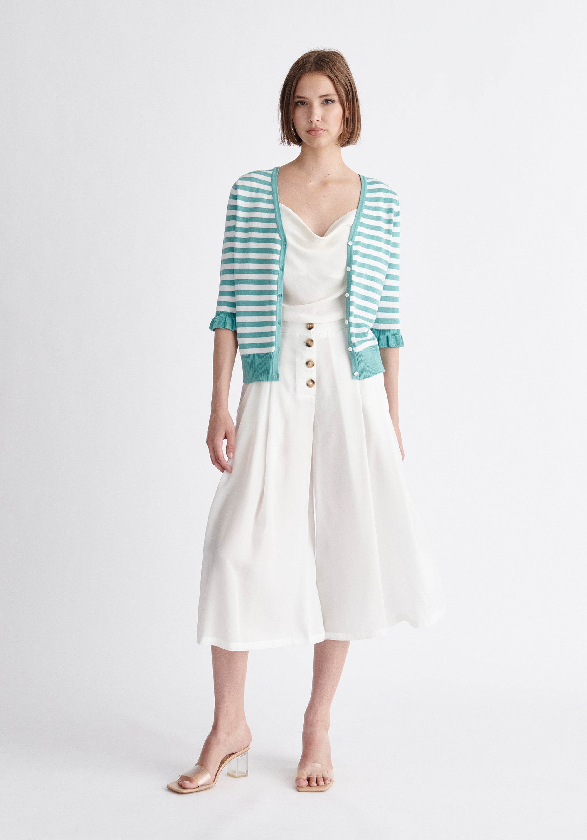 Paisie Striped Frilled Two-Way Top in Teal and White