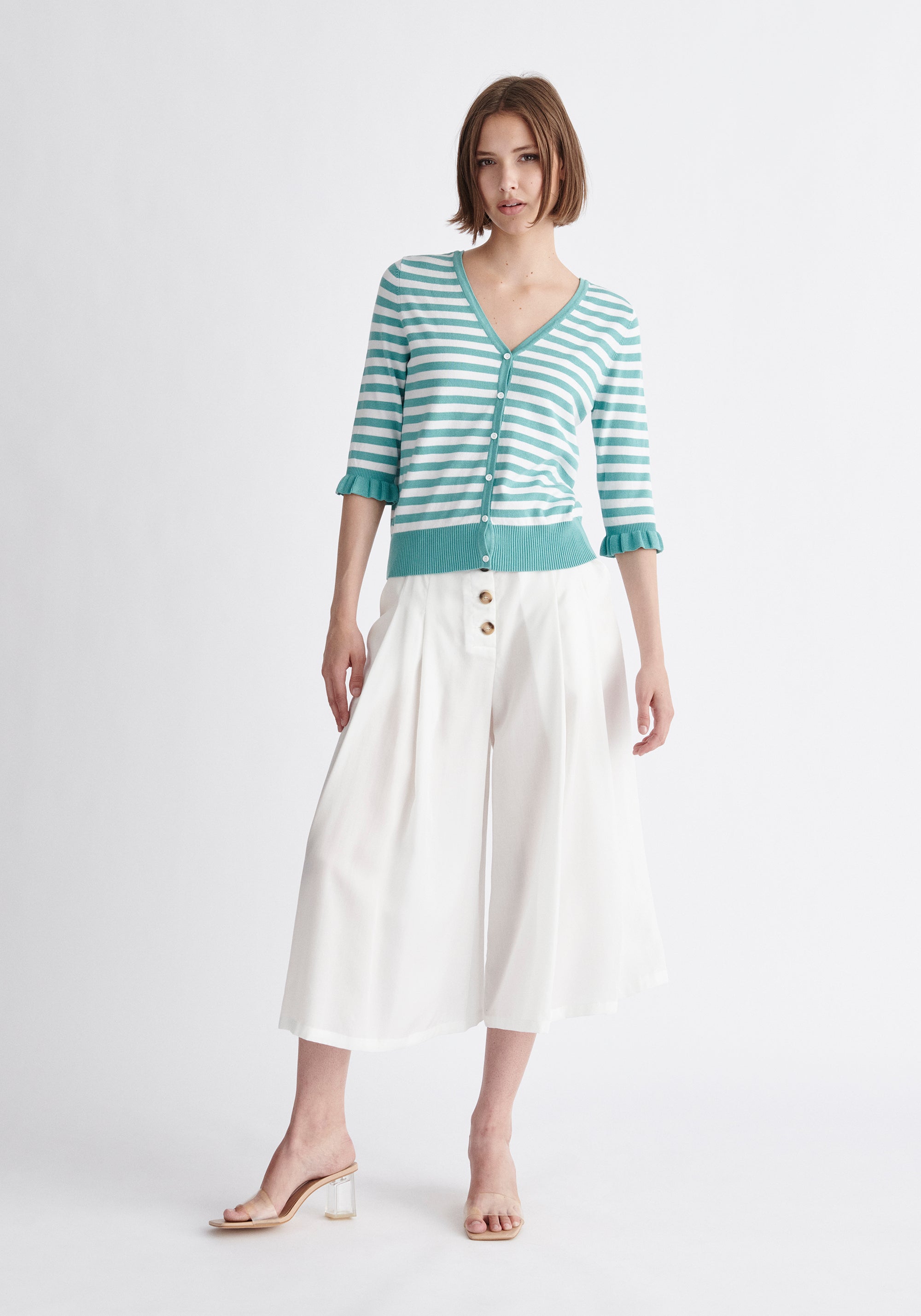 Paisie Striped Frilled Two-Way Top in Teal and White