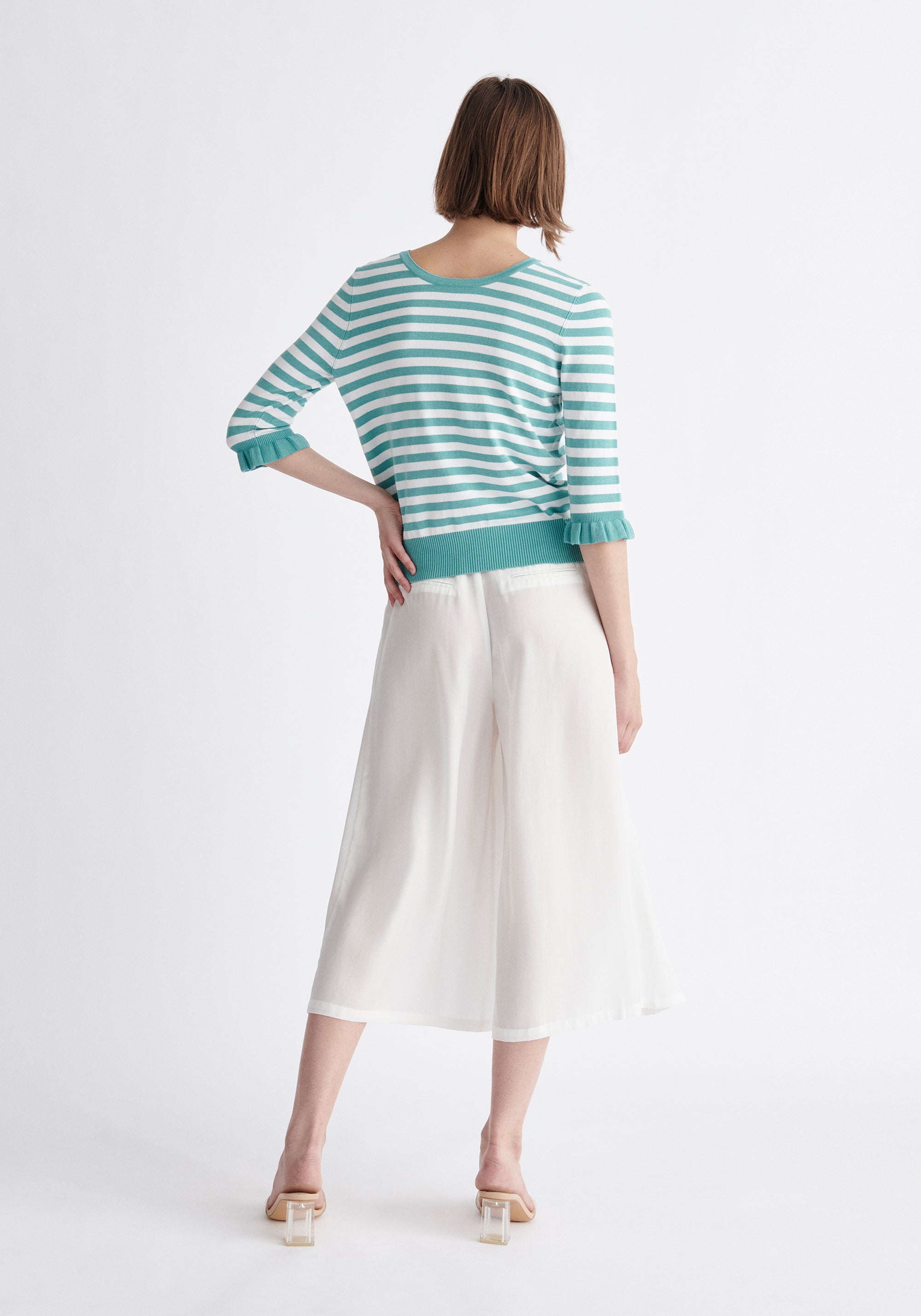 Paisie Striped Frilled Two-Way Top in Teal and White Back