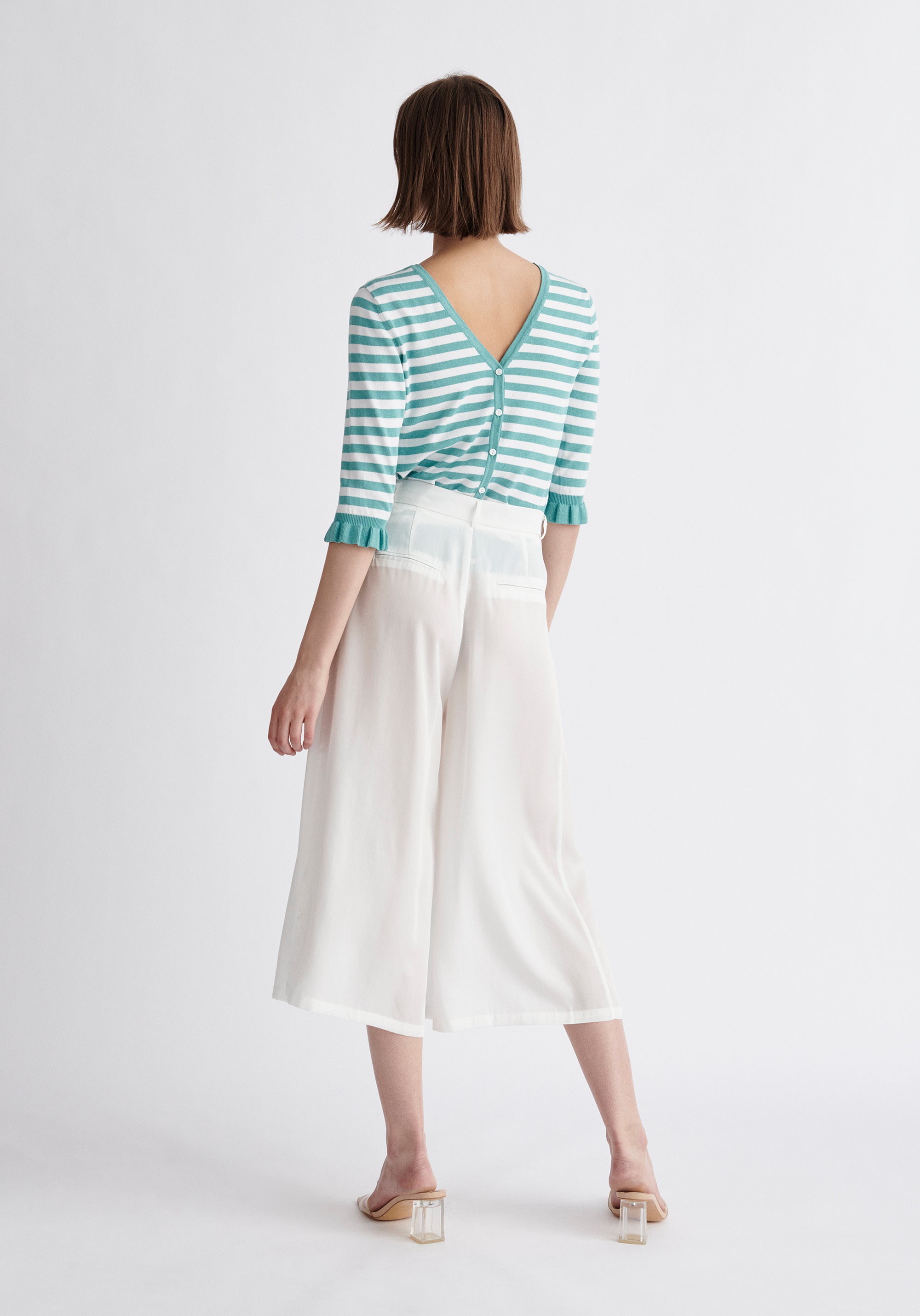 Paisie Striped Frilled Two-Way Top in Teal and White Back