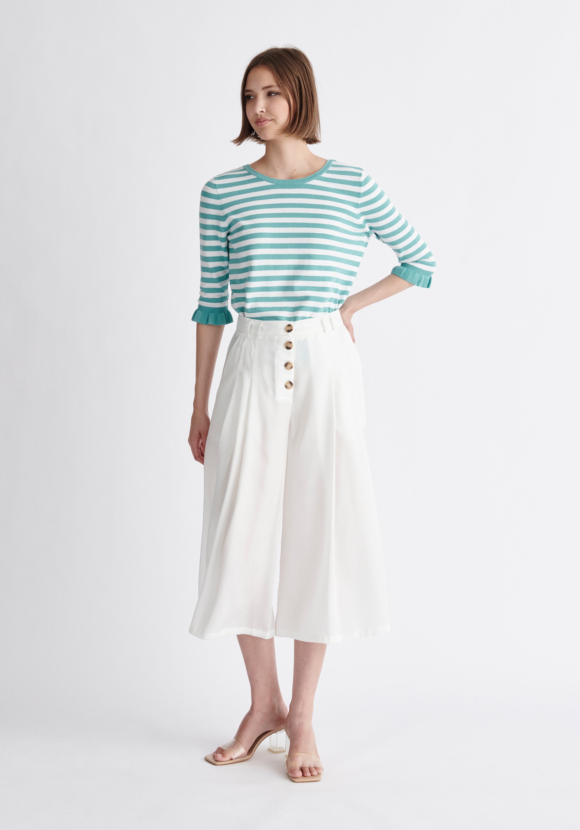 Paisie Striped Frilled Two-Way Top in Teal and White